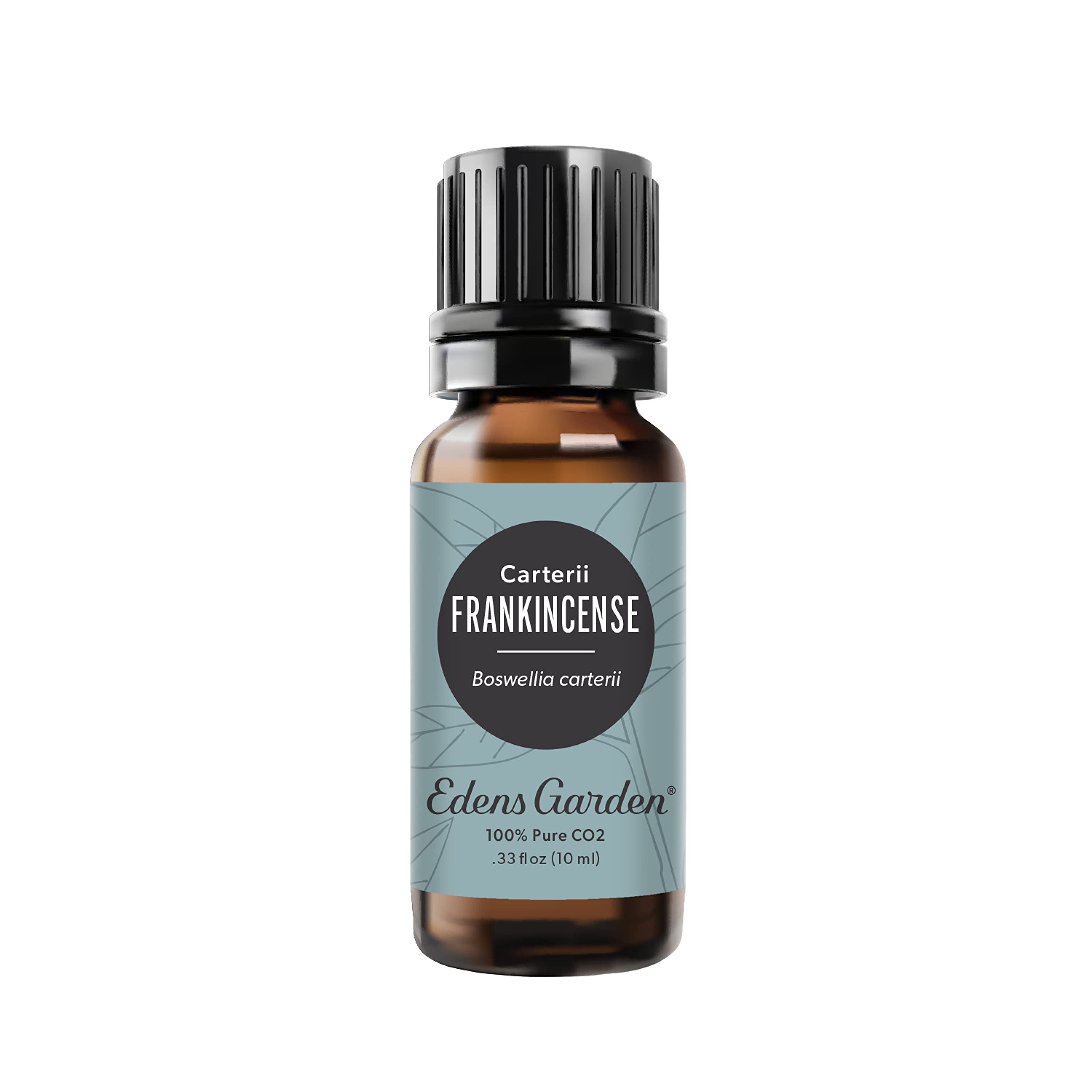 Edens Garden frasco delantero con aceite Frankincense CO2, presentación clara y profesional