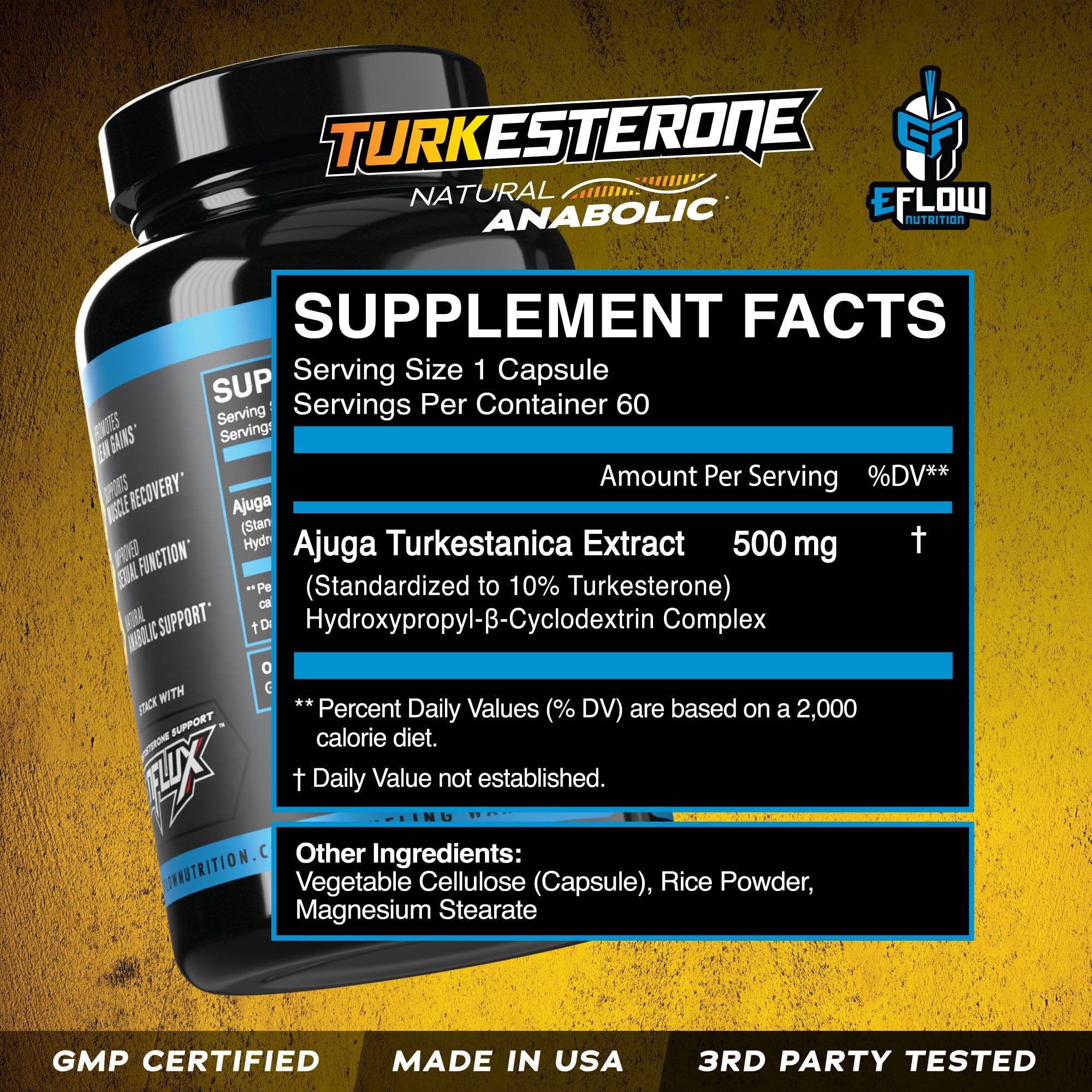 Etiqueta de ingredientes de eFlow Nutrition mostrando ajuga turkestanica y ciclodextrina