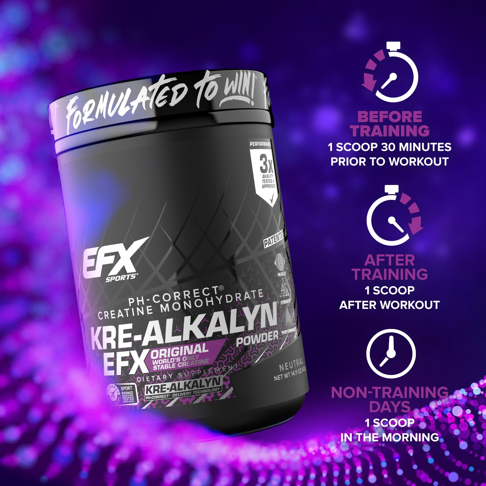 Comparativa de tamaño del frasco EFX Sports con mano para referencia de 266 servicios