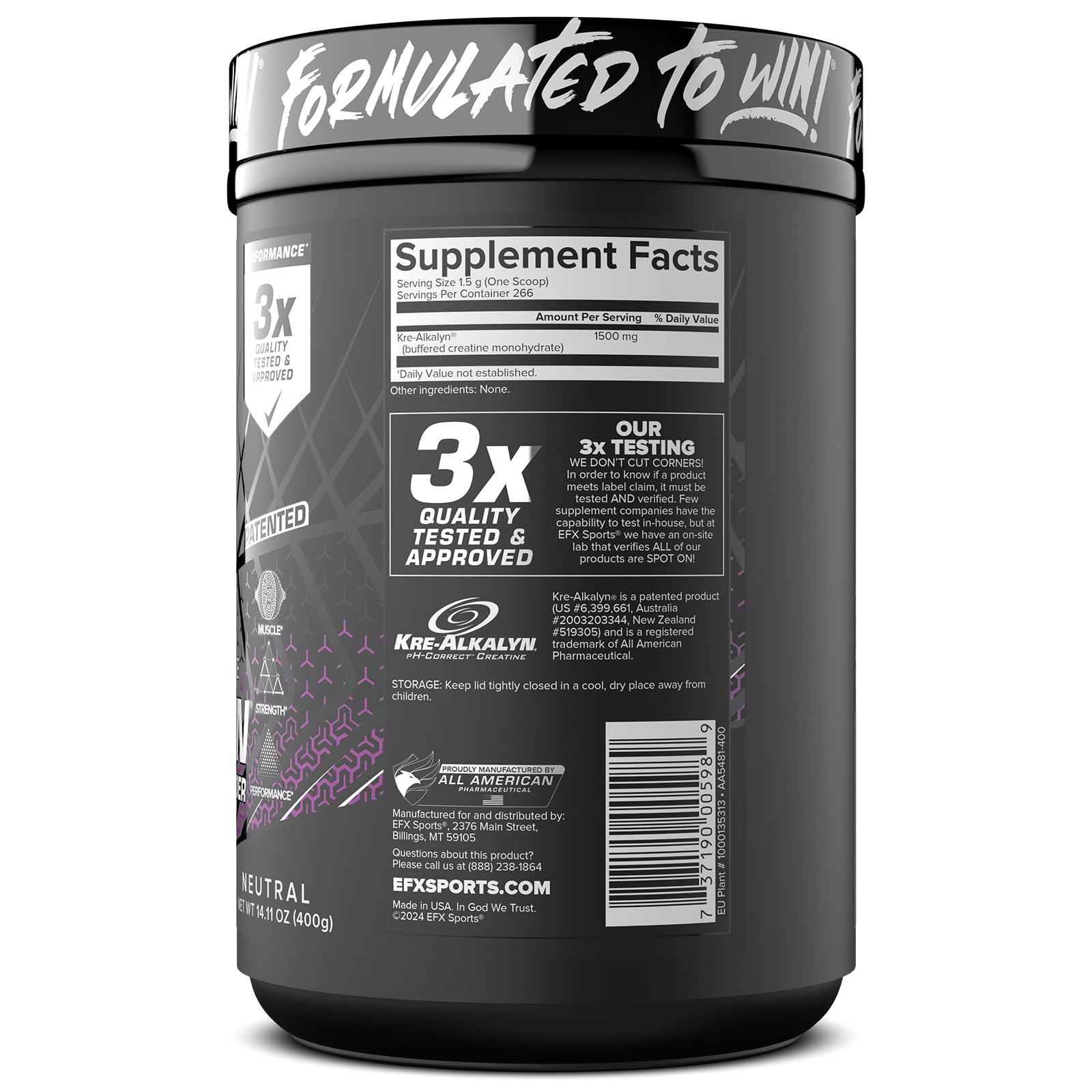 Primer plano de ingredientes de EFX Sports Kre-Alkalyn EFX mostrando pureza y calidad