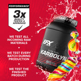 EFX Sports Karbolyn Fuel envase en mano para mostrar tamaño y porciones