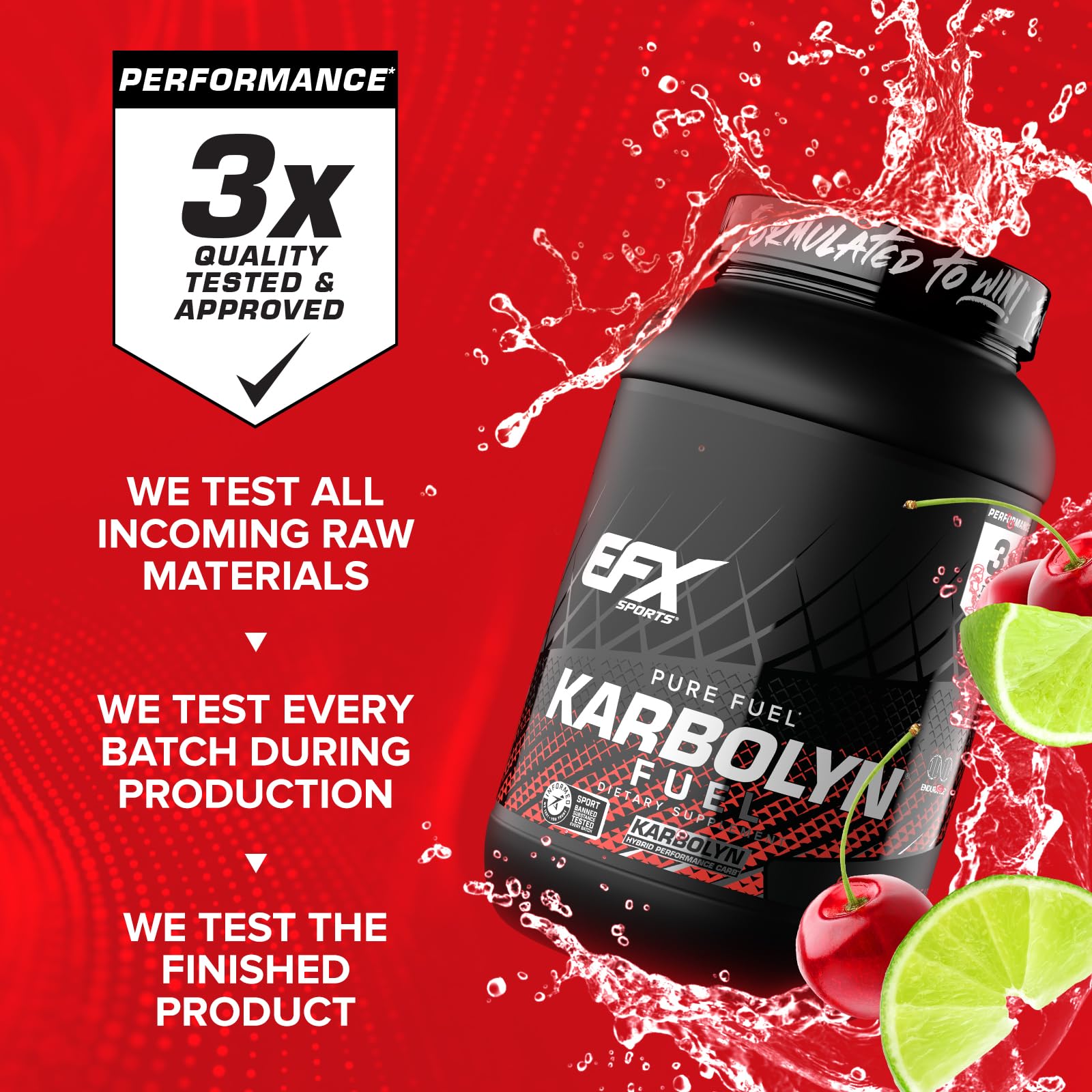 EFX Sports etiqueta del producto Karbolyn con información de pureza y certificación
