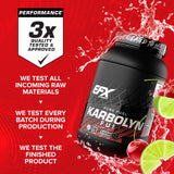 EFX Sports etiqueta del producto Karbolyn con información de pureza y certificación
