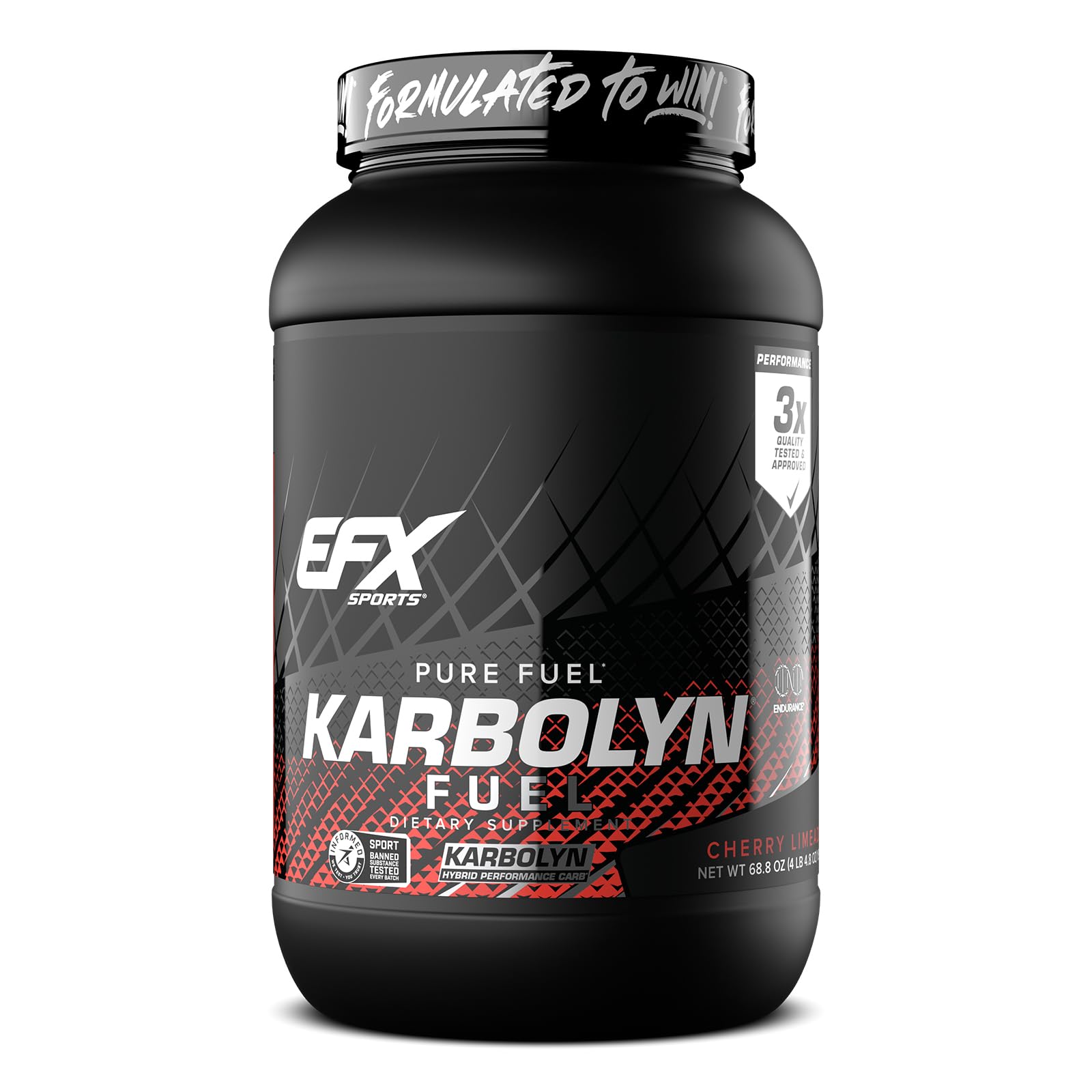 EFX Sports frasco Karbolyn Fuel en primer plano, identificación clara del producto y sabor