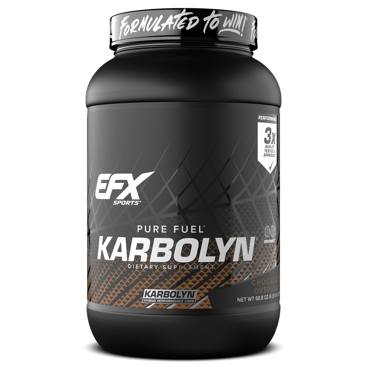 EFX Sports envase Karbolyn Fuel Chocolate Overload mostrando frente y marca, claridad de producto