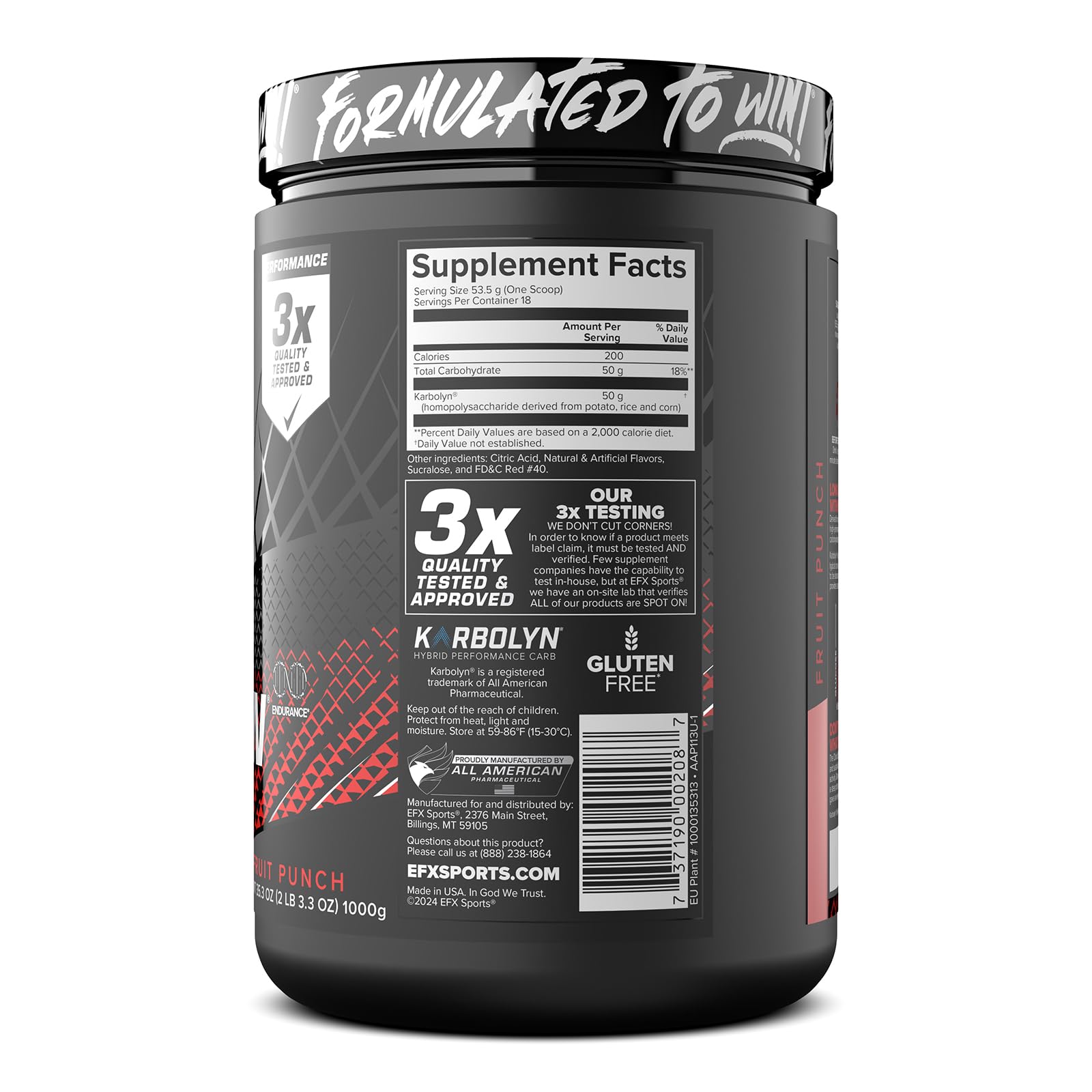 EFX Sports vaso con Karbolyn Fruit Punch en mesa de entrenamiento