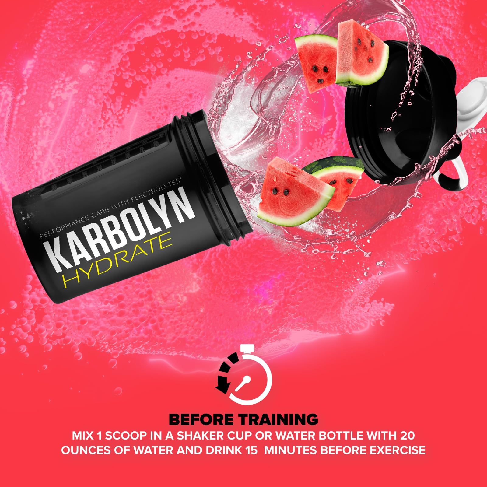 Comparación de tamaño de servicio EFX Sports Karbolyn Hydrate junto a una botella de agua