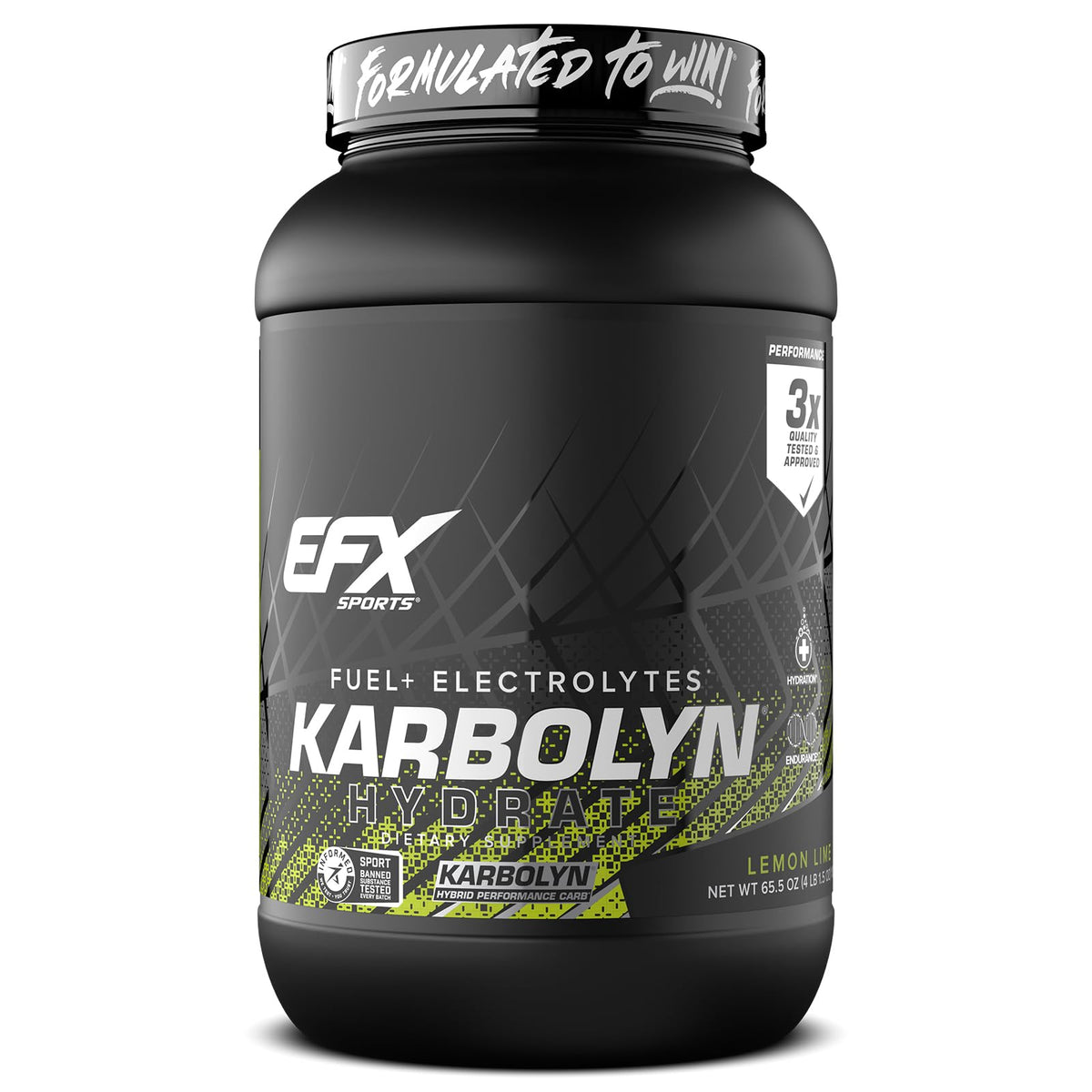 EFX Sports frasco Karbolyn Hydrate frente mostrando el sabor lemon lime y beneficios