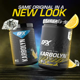 EFX Sports polvo Karbolyn en cucharada destacando su textura fina y disolución rápida