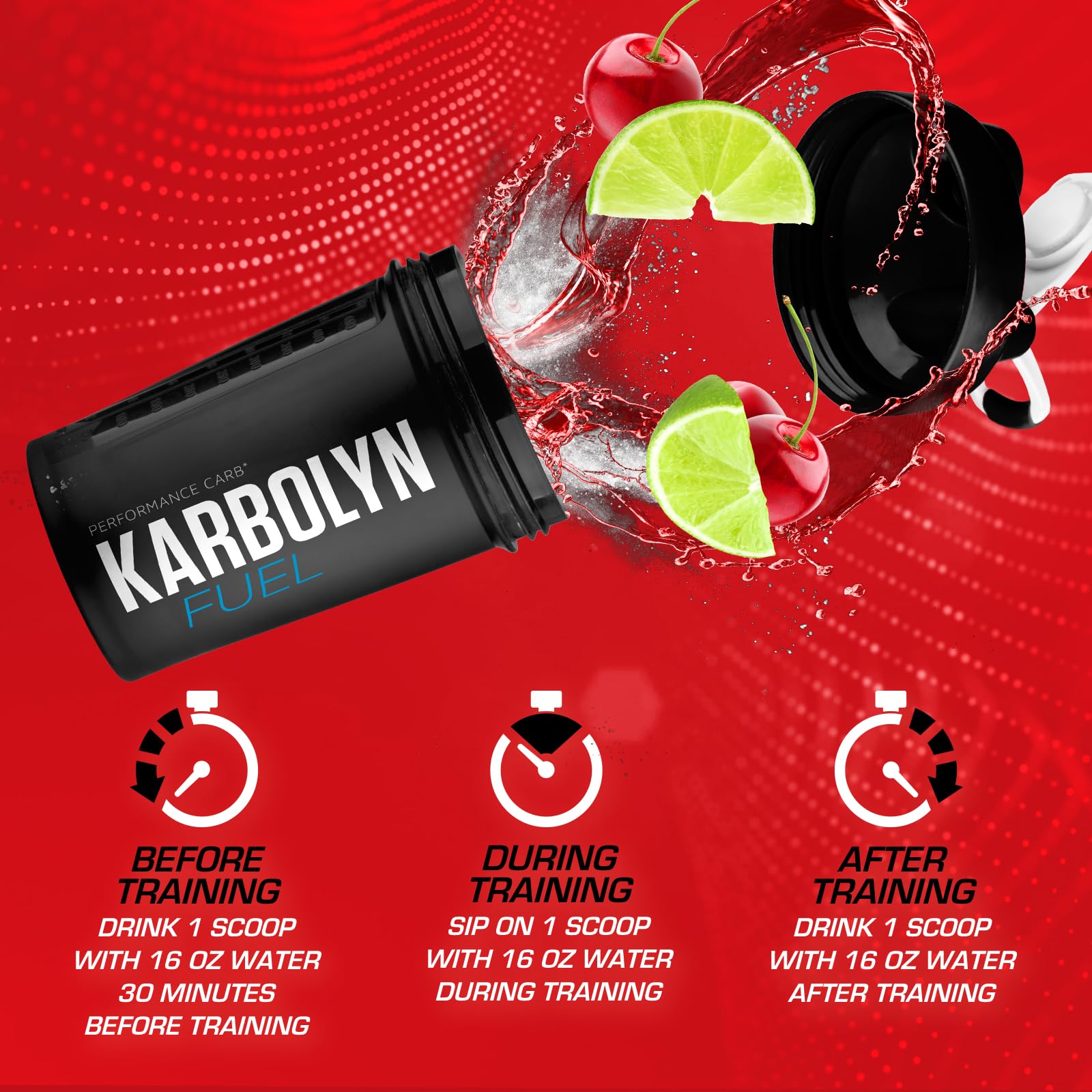 EFX Sports polvo Karbolyn con cerezas y lima, representación del sabor Cherry Limeade