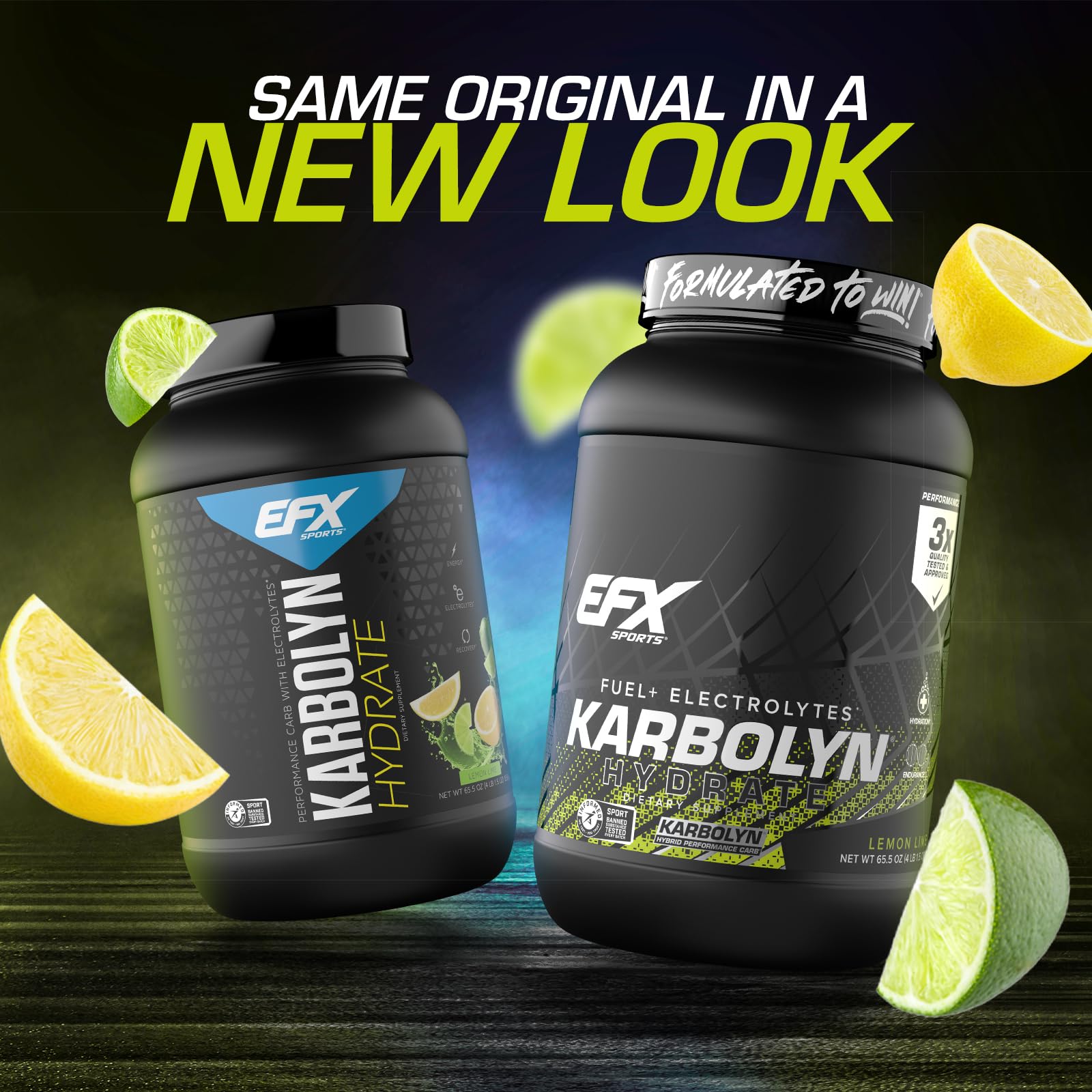 EFX Sports detalle del polvo Karbolyn Hydrate mostrando textura fina y disolución rápida