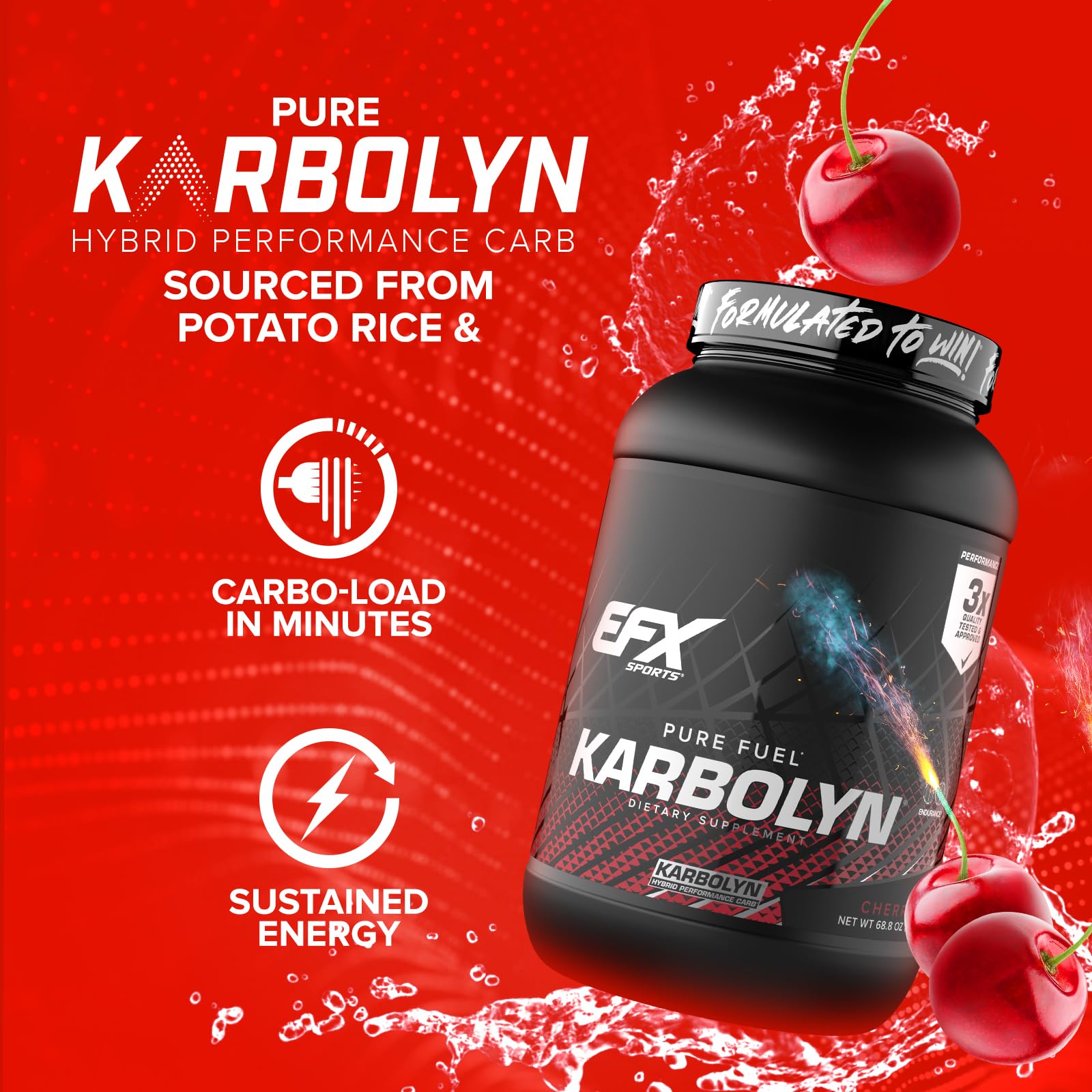 EFX Sports vaso con Karbolyn mezclado demuestra disolución fácil y sabor Cherry Bomb