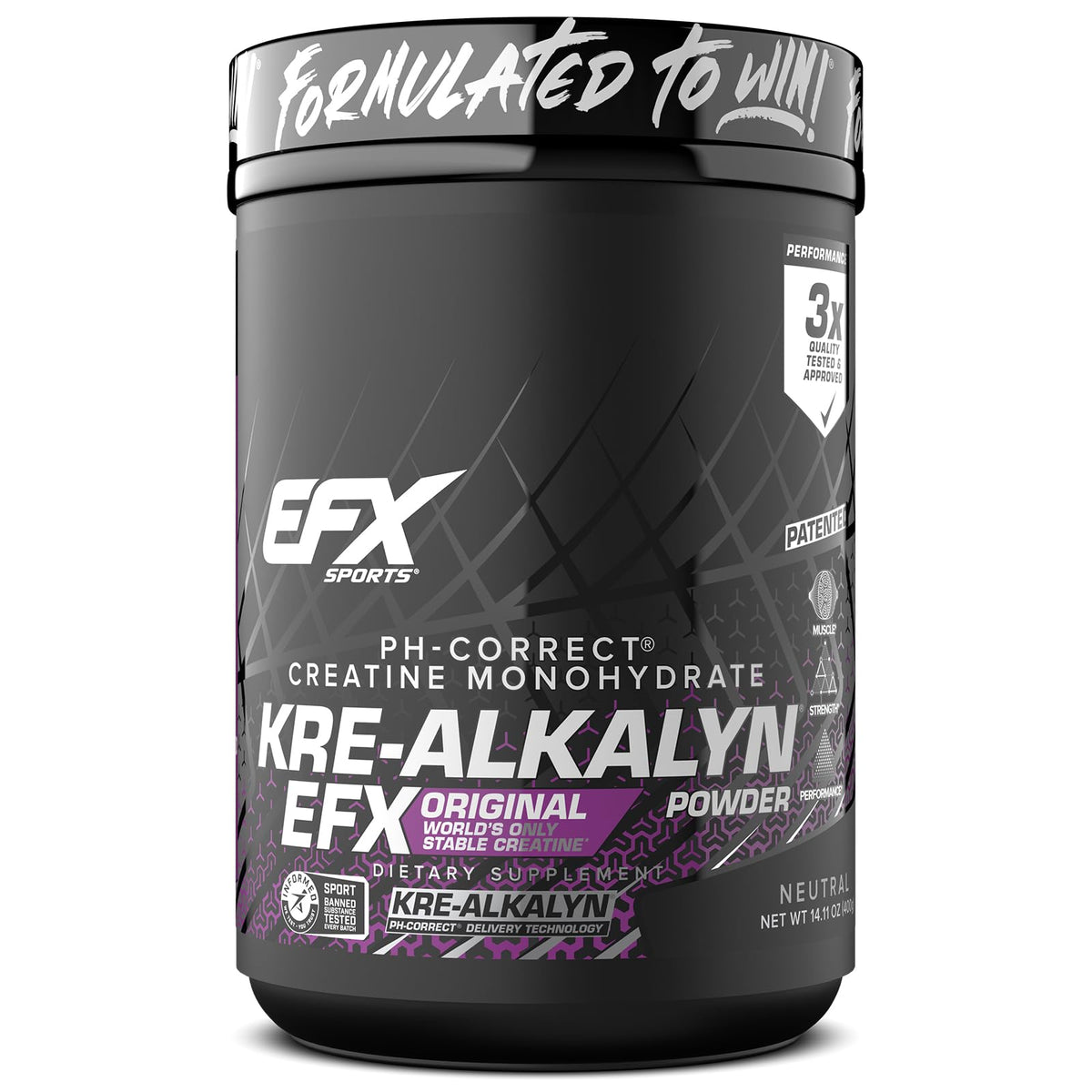 EFX Sports frasco de Kre-Alkalyn EFX mostrando envase y cantidad, facilita control de dosis