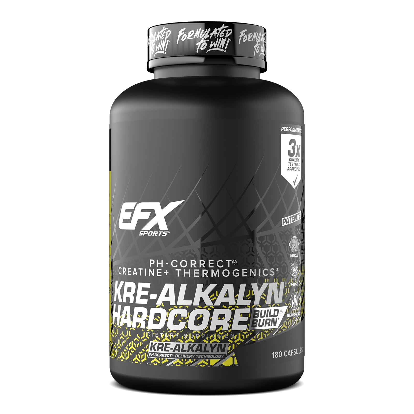 EFX Sports frasco frontal mostrando fórmula Kre-Alkalyn para fuerza