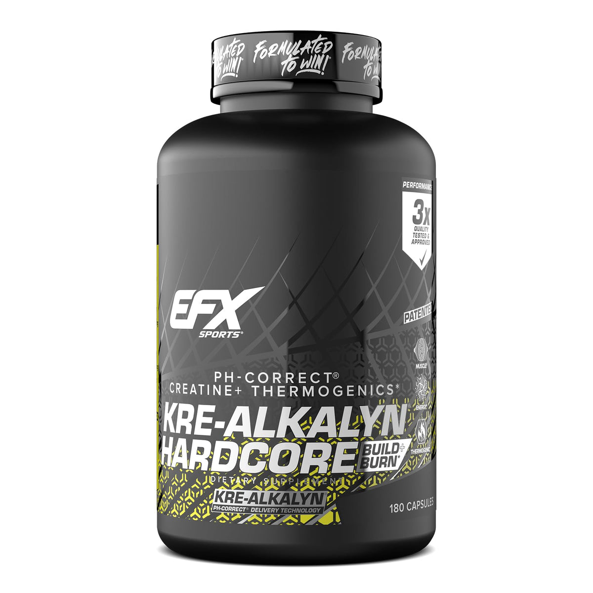 EFX Sports frasco frontal mostrando fórmula Kre-Alkalyn para fuerza