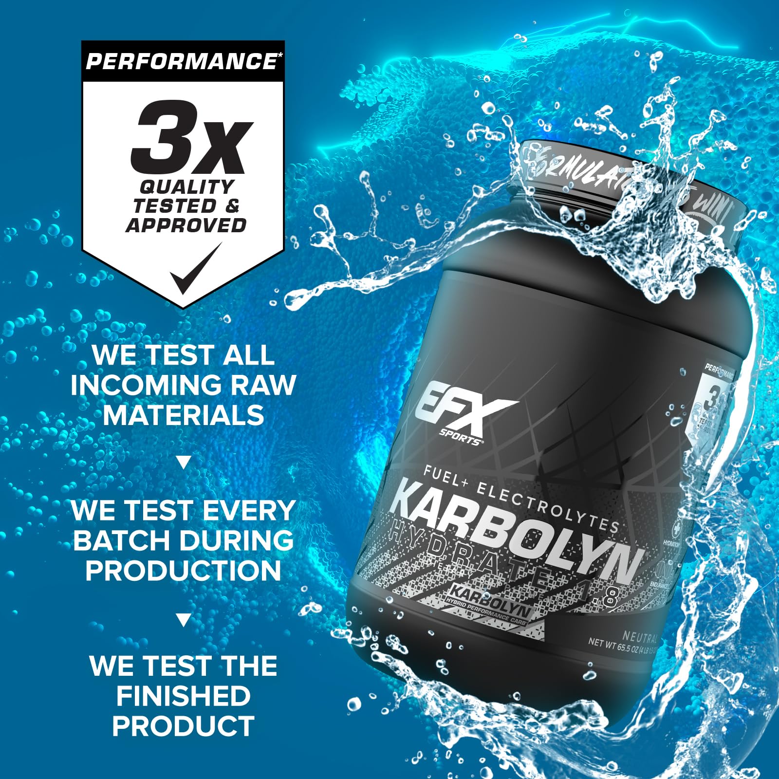 Comparación de tamaño de servicio de Karbolyn Hydrate EFX Sports junto a una mano