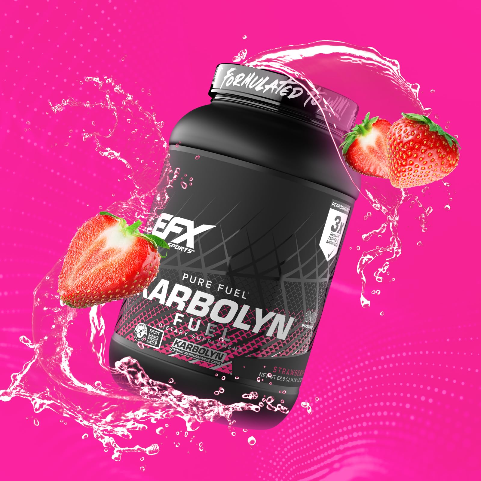 Envase Karbolyn Fuel EFX Sports junto a mano para comparar tamaño real