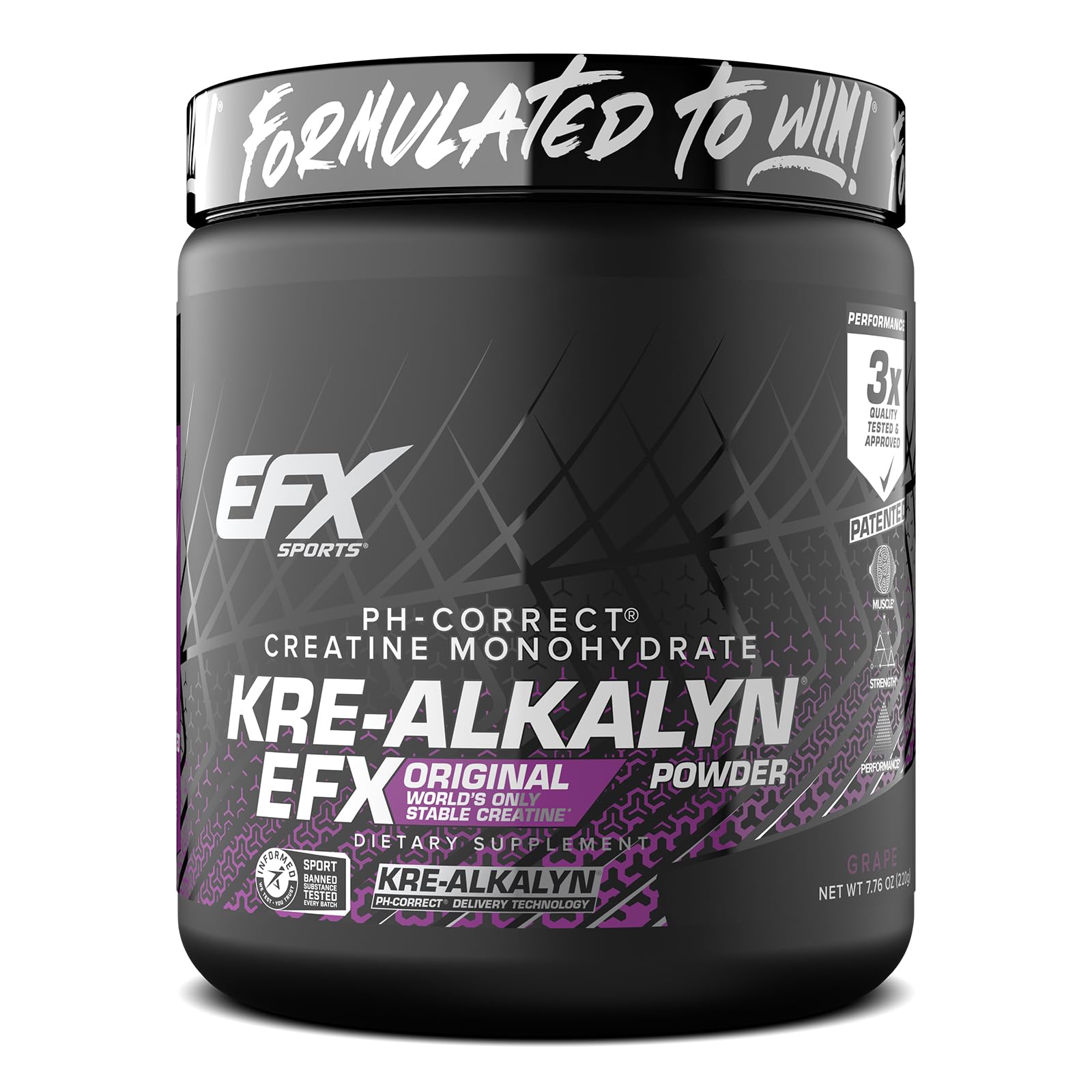 EFX Sports envase frontal de Kre-Alkalyn EFX sabor uva mostrando diseño claro y cantidad
