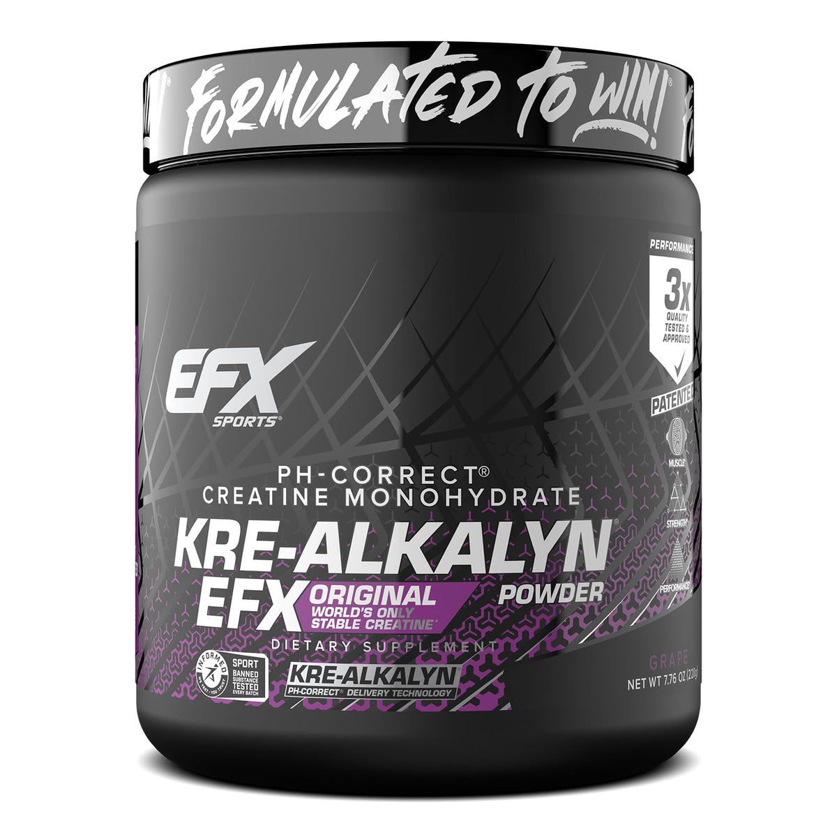 EFX Sports envase frontal de Kre-Alkalyn EFX sabor uva mostrando diseño claro y cantidad