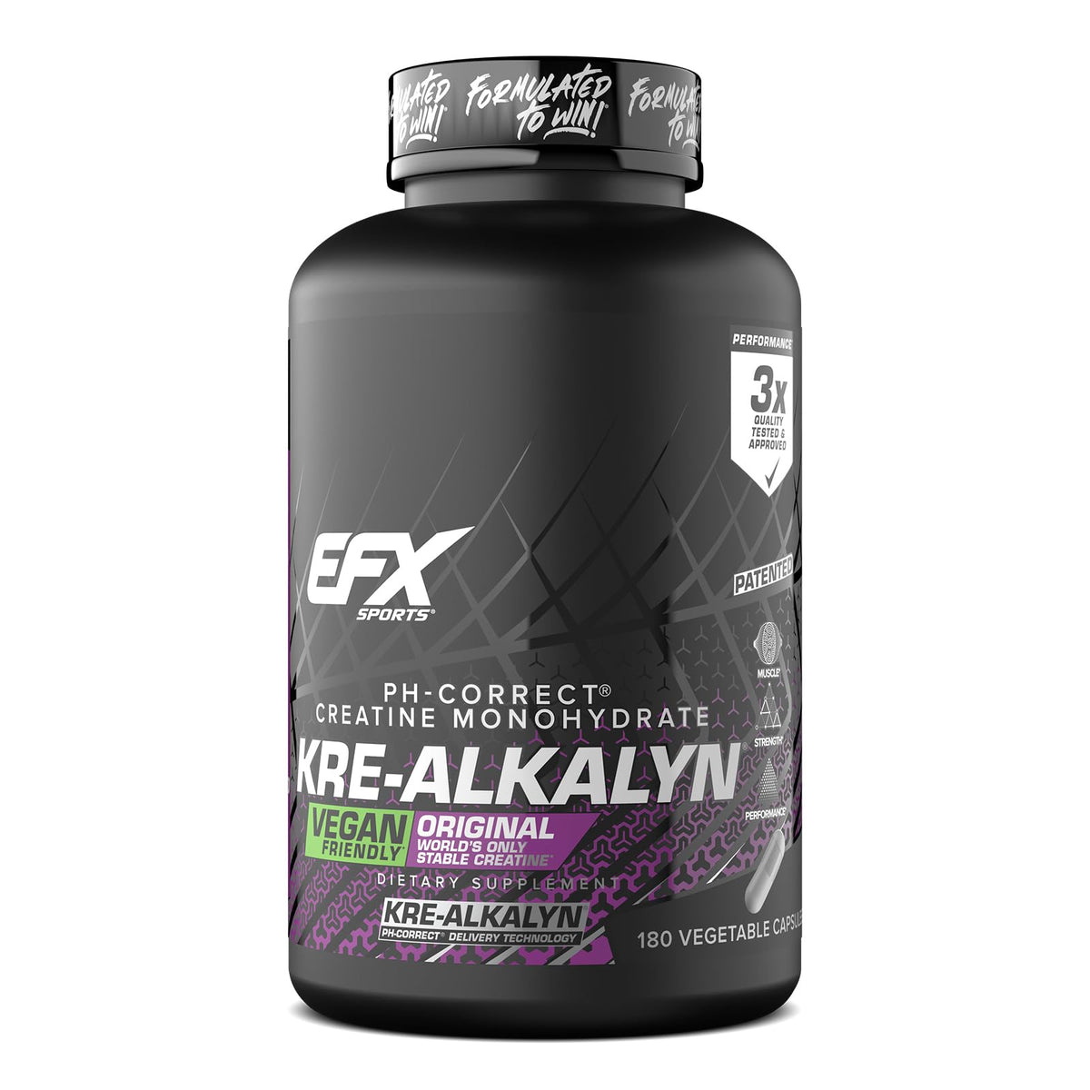 EFX Sports bote frontal mostrando Kre-Alkalyn EFX y ventajas de pH corregido
