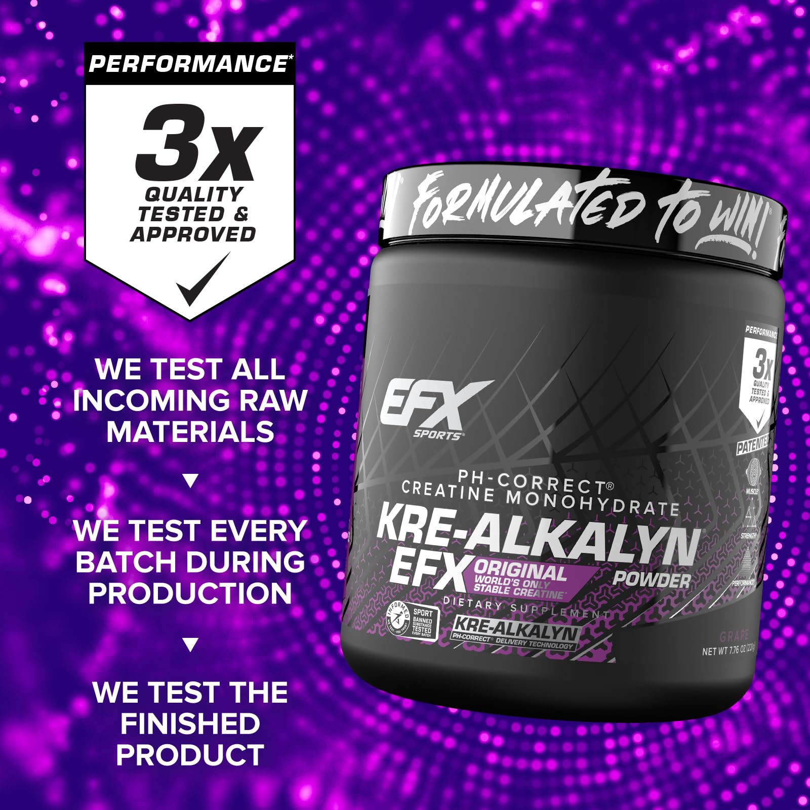 Lado del envase Kre-Alkalyn EFX con listado de beneficios y sello de control