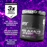 Lado del envase Kre-Alkalyn EFX con listado de beneficios y sello de control
