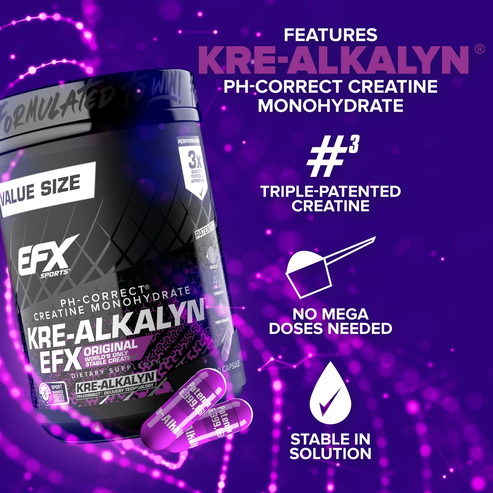 EFX Sports detalle de la cápsula que resalta pureza y formulación estable