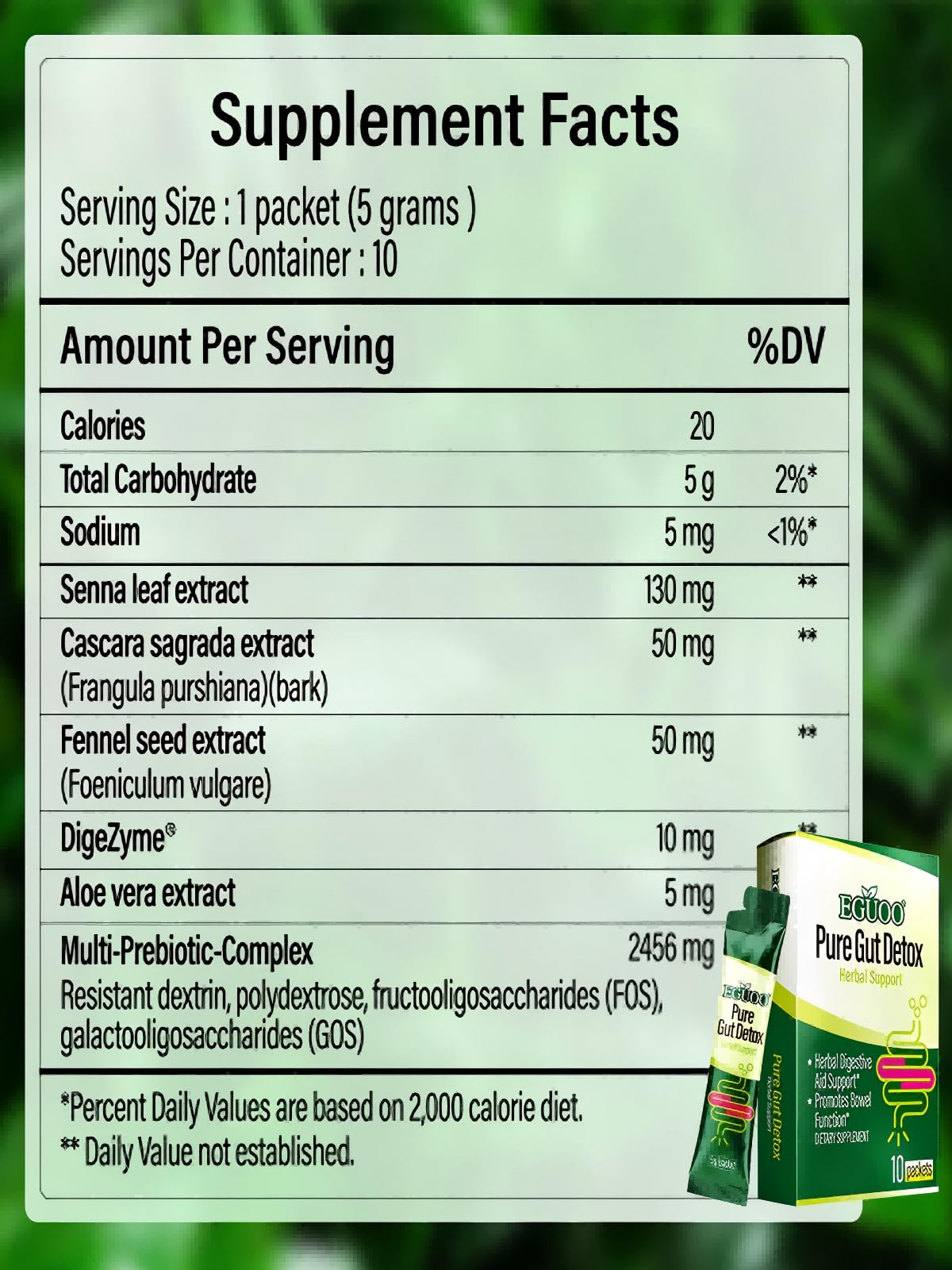 EGUOO etiqueta con ingredientes clave resaltando prebióticos y enzimas beneficiosas