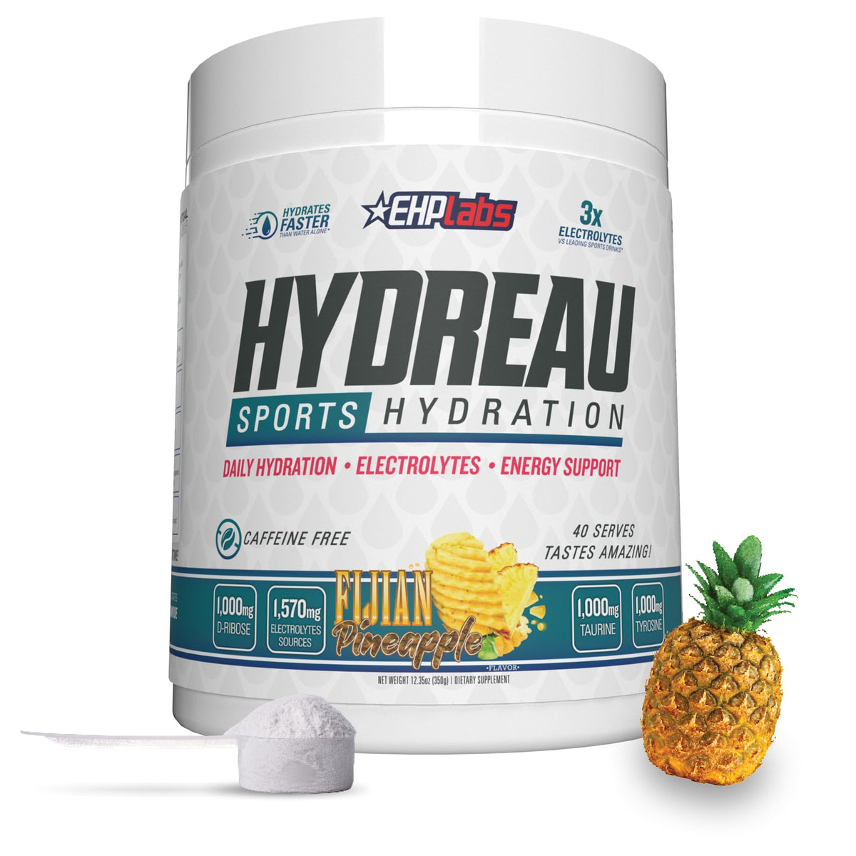 EHP Labs frontal del envase mostrando formato y sabor Fijian Pineapple