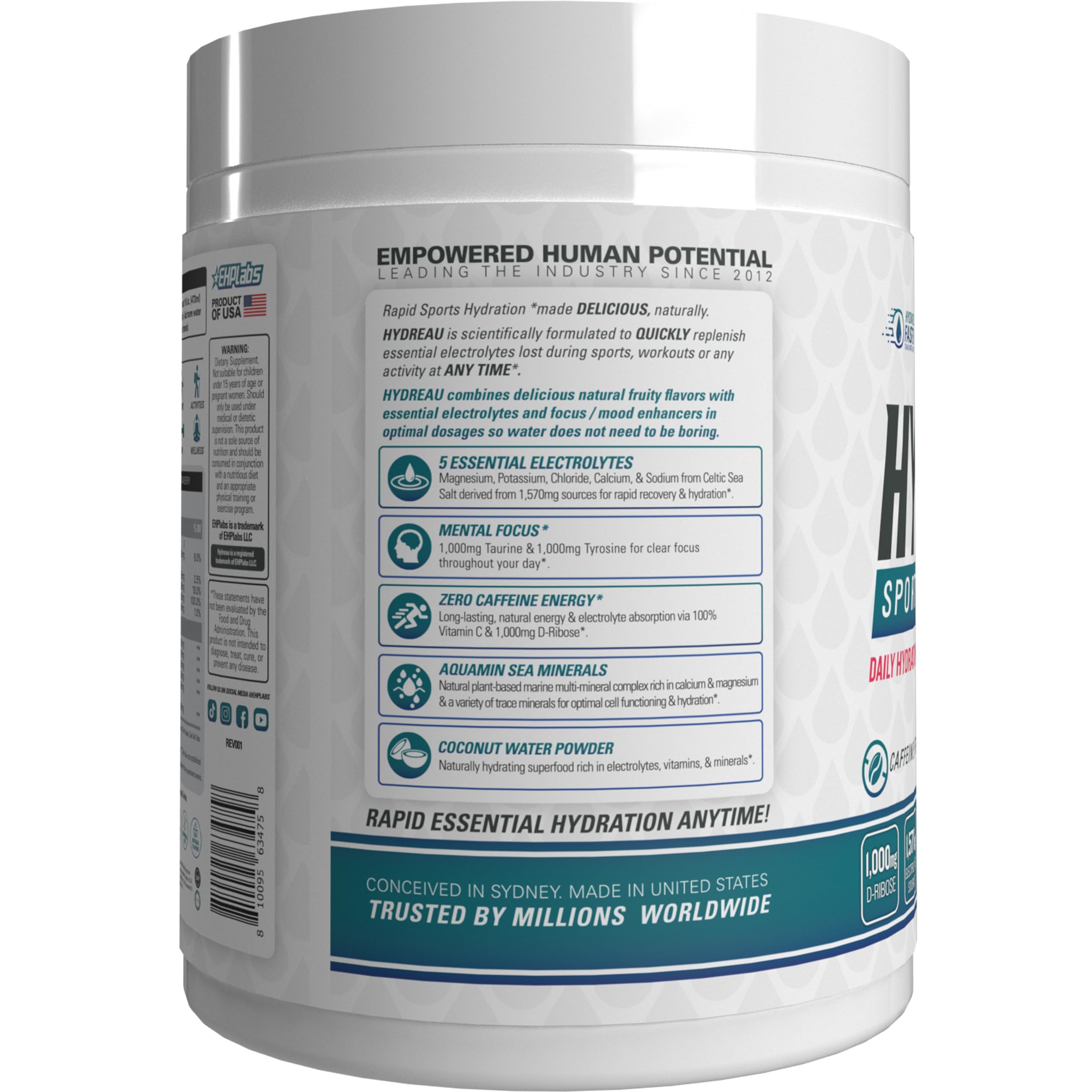 Ingredientes naturales cerca del envase Hydreau EHP Labs destacando té verde y ginseng