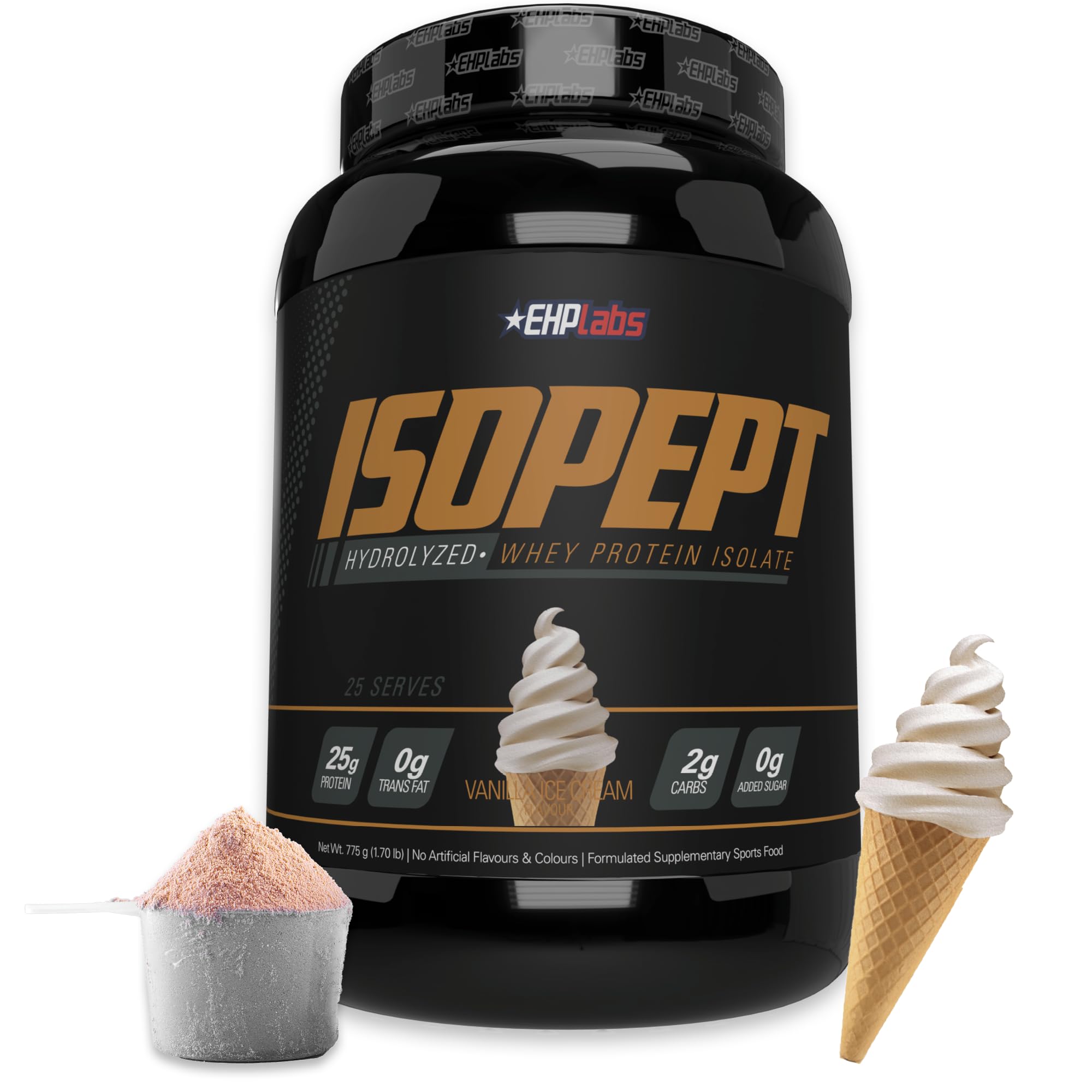 EHP Labs IsoPept frente del envase mostrando sabor y beneficios