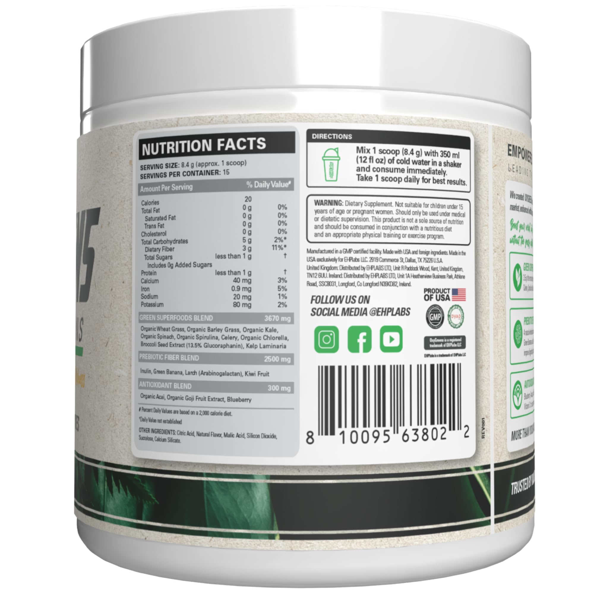 EHP Labs OxyGreens etiqueta nutricional enfocada en ingredientes clave