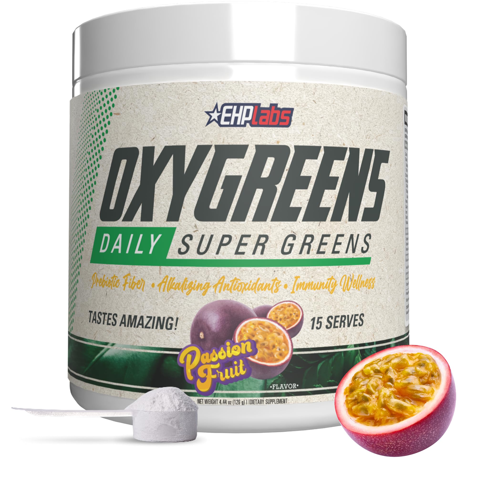 EHP Labs OxyGreens envase frontal mostrando el sabor maracuyá y beneficio práctico
