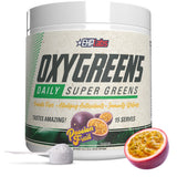 EHP Labs OxyGreens envase frontal mostrando el sabor maracuyá y beneficio práctico