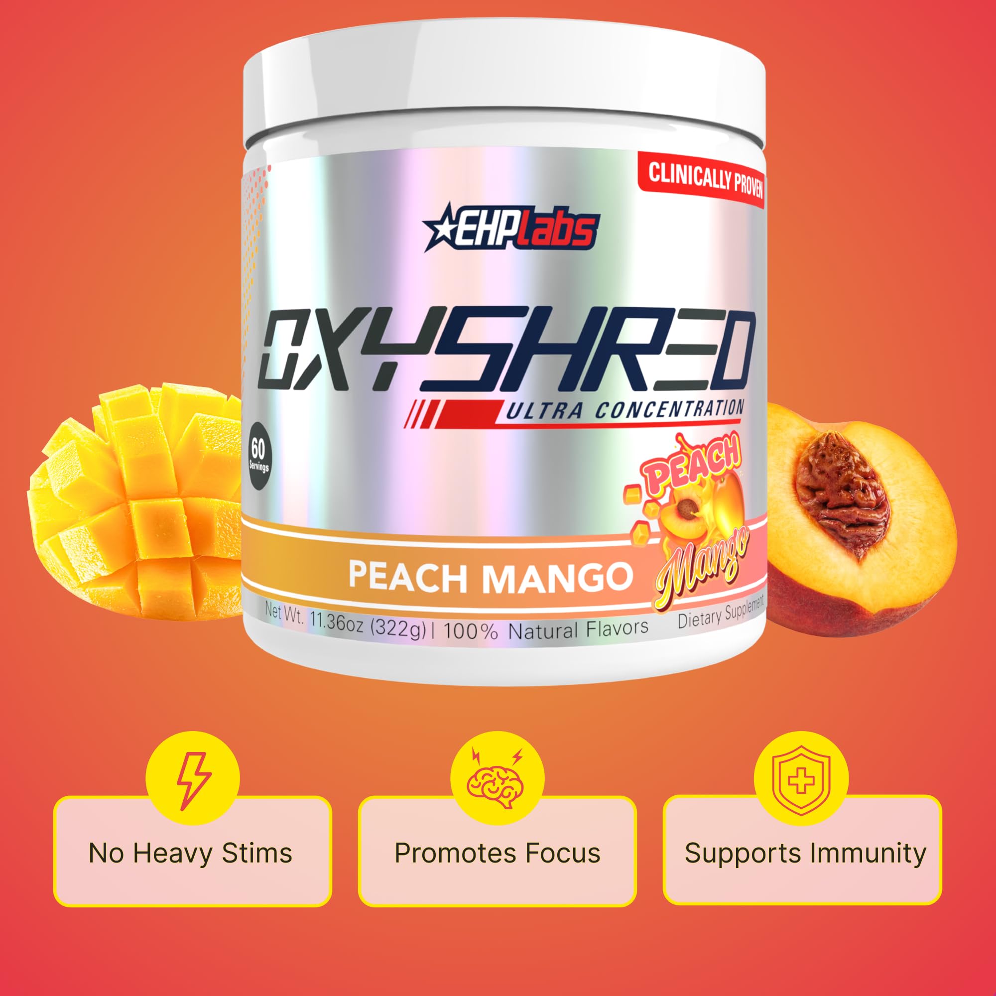 Batido preparado OxyShred Peach Mango en vaso, sabor y energía listos