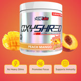 Batido preparado OxyShred Peach Mango en vaso, sabor y energía listos