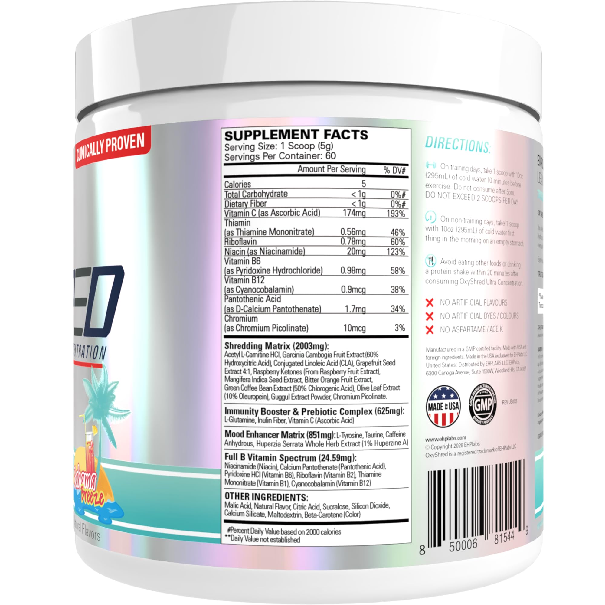 Caja y hoja informativa de OxyShred EHP Labs mostrando certificaciones y calidad