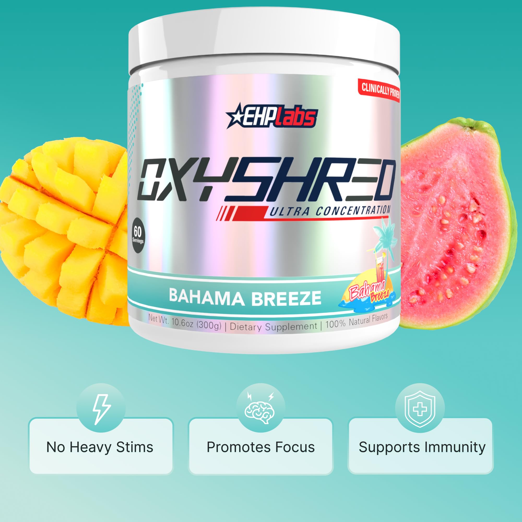 Detalle de la etiqueta de OxyShred EHP Labs con lista de ingredientes clave
