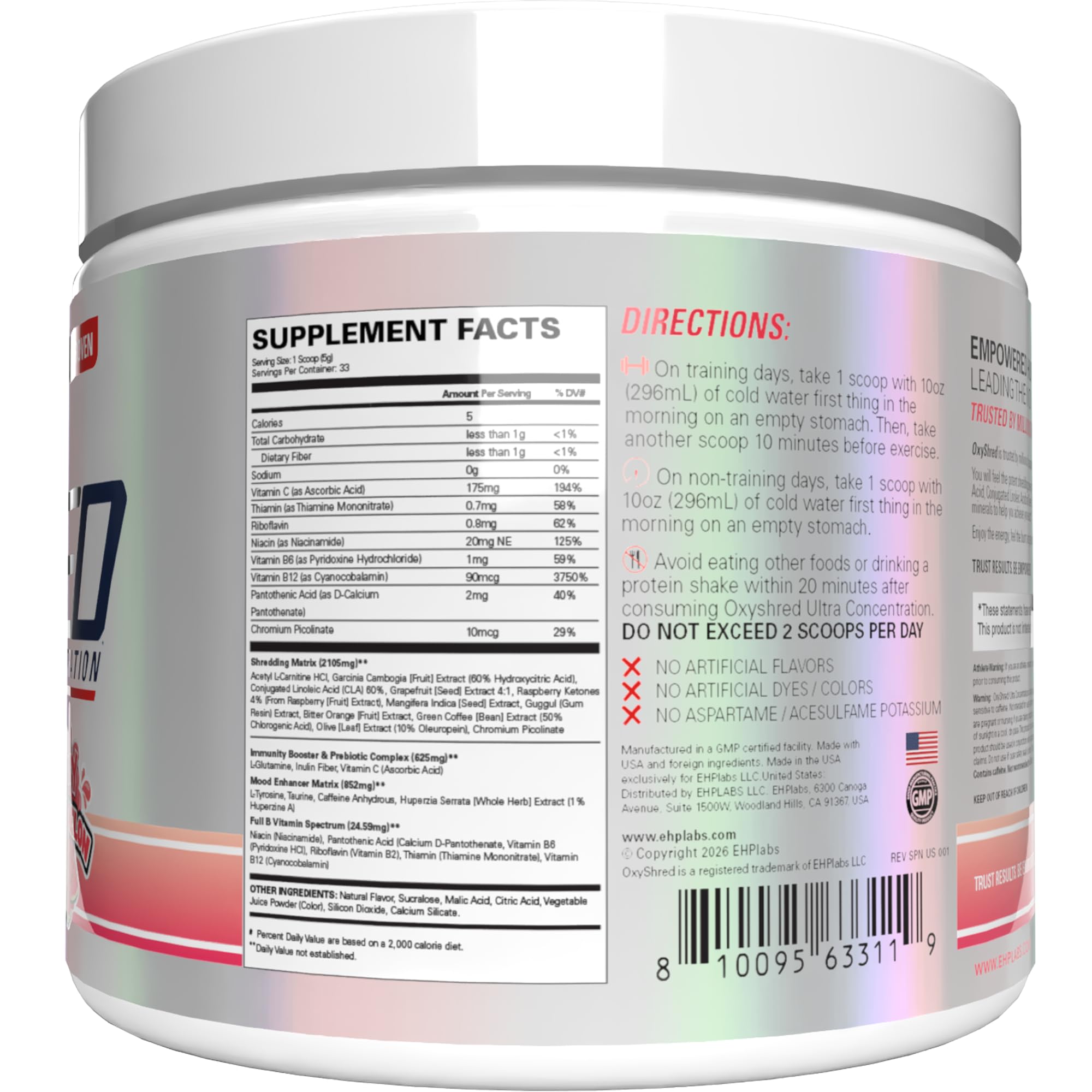EHP Labs OxyShred tapa y sellado que muestra seguridad y conservación del producto
