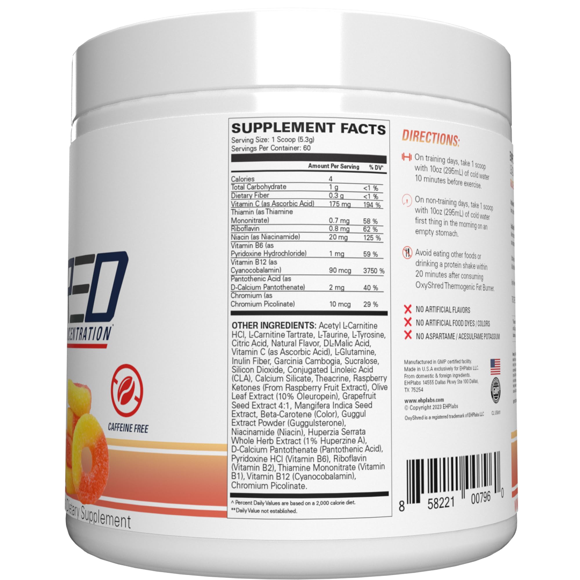 EHP Labs OxyShred etiqueta con ingredientes clave L-glutamina y acetil L-carnitina visibles