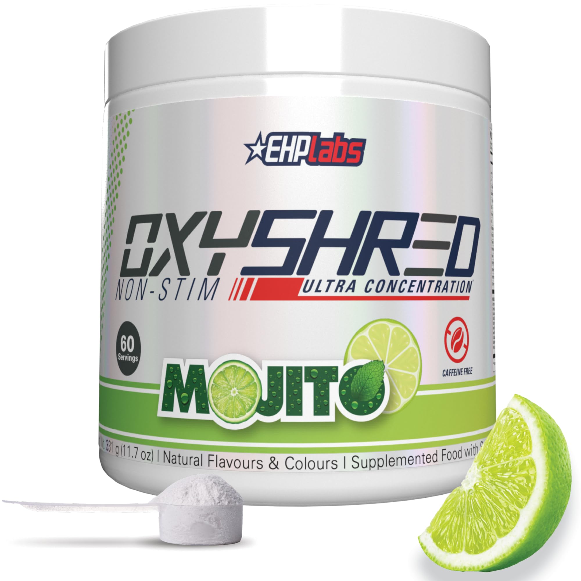 EHP Labs OxyShred frente del envase mostrando 60 porciones y sabor Mojito, ventaja de energía sin cafeína