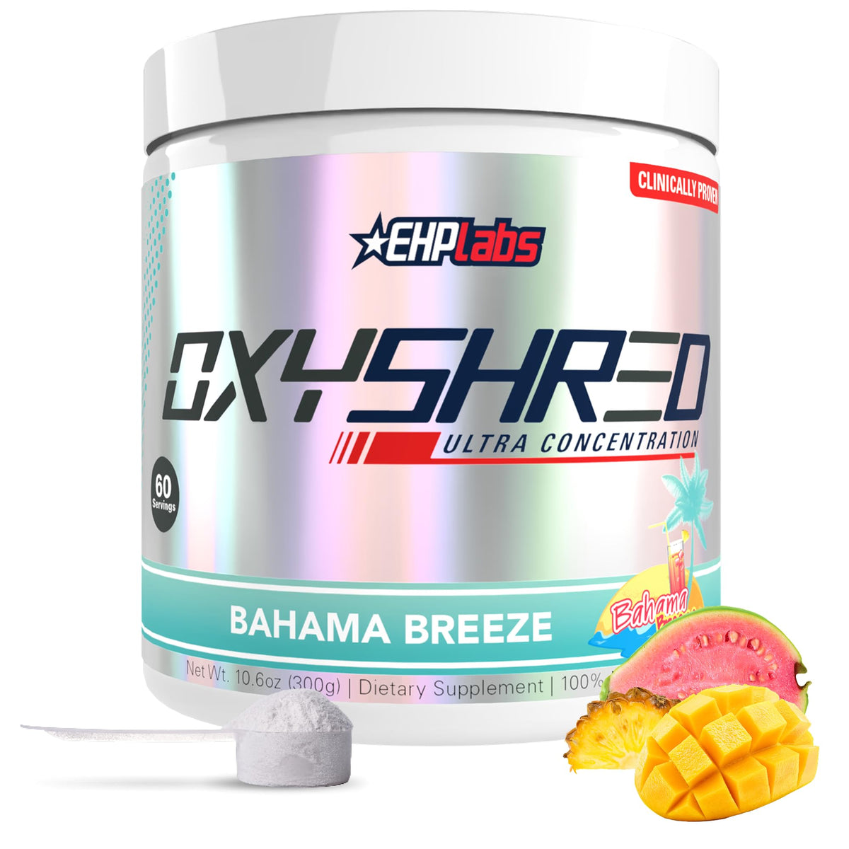 EHP Labs OxyShred frente del envase mostrando 60 servicios y diseño atractivo