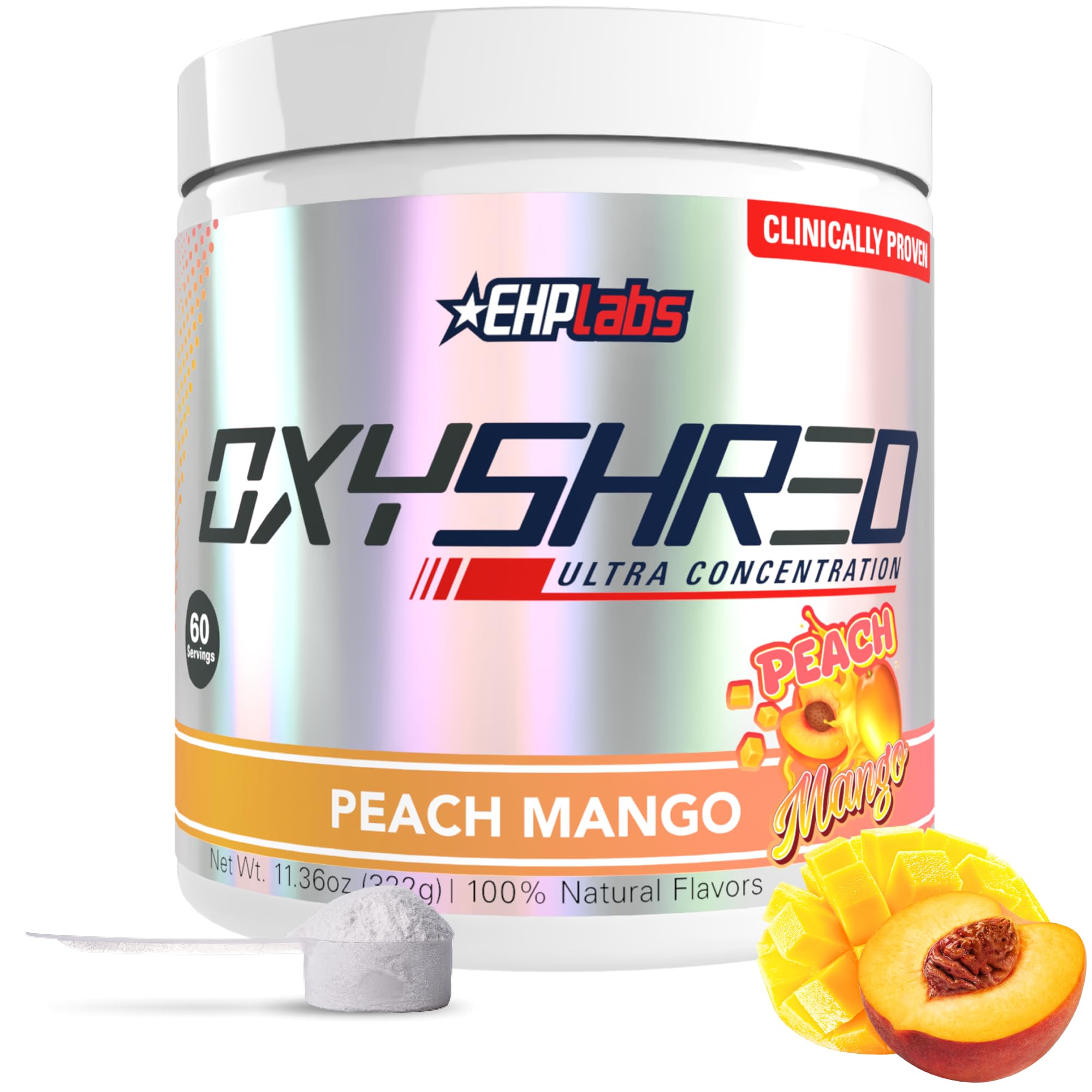 EHP Labs envase frontal OxyShred Peach Mango, atractivo visual y claridad