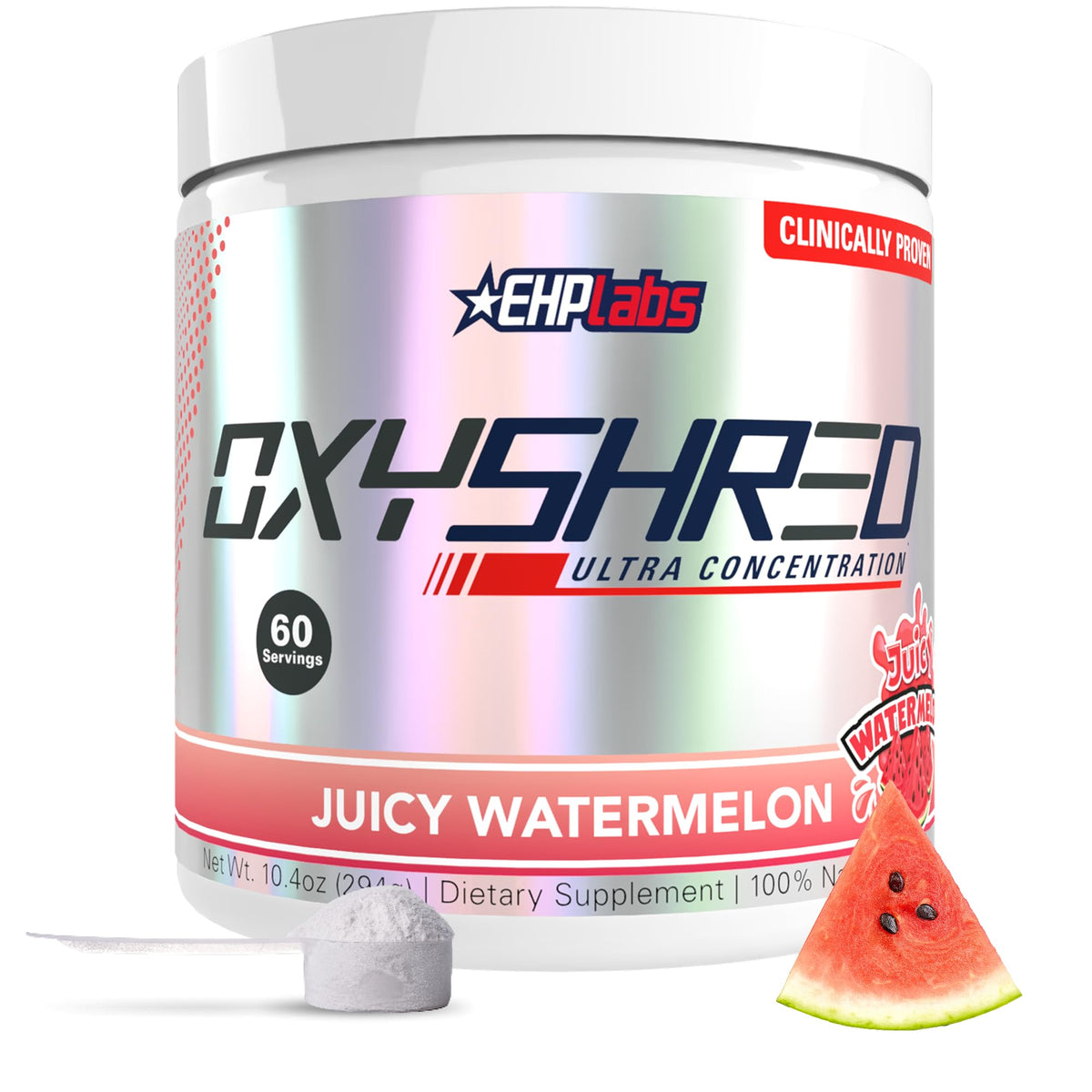 EHP Labs OxyShred frente del envase mostrando porciones y sabor sandía