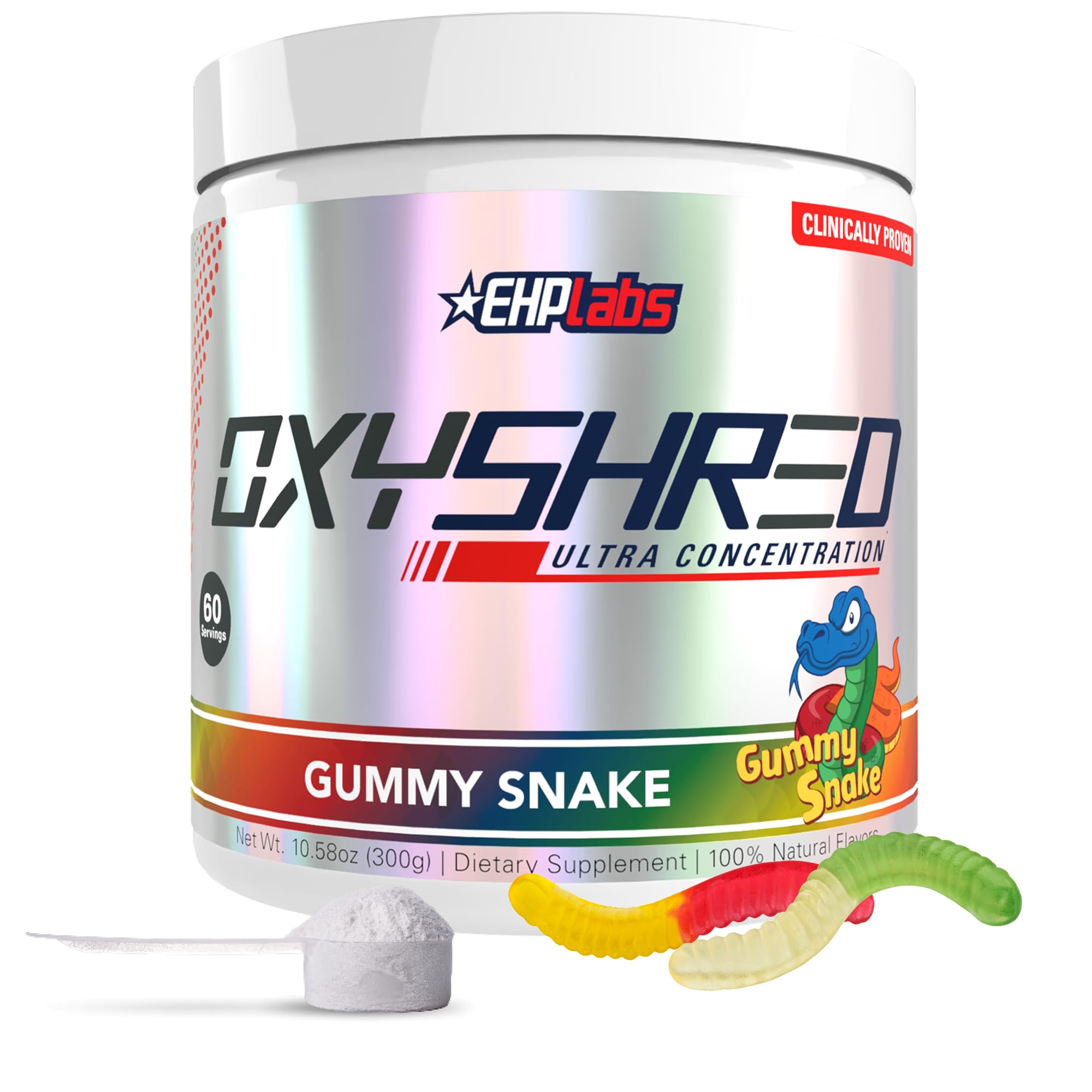 EHP Labs OxyShred vista frontal del envase mostrando 60 servicios y diseño