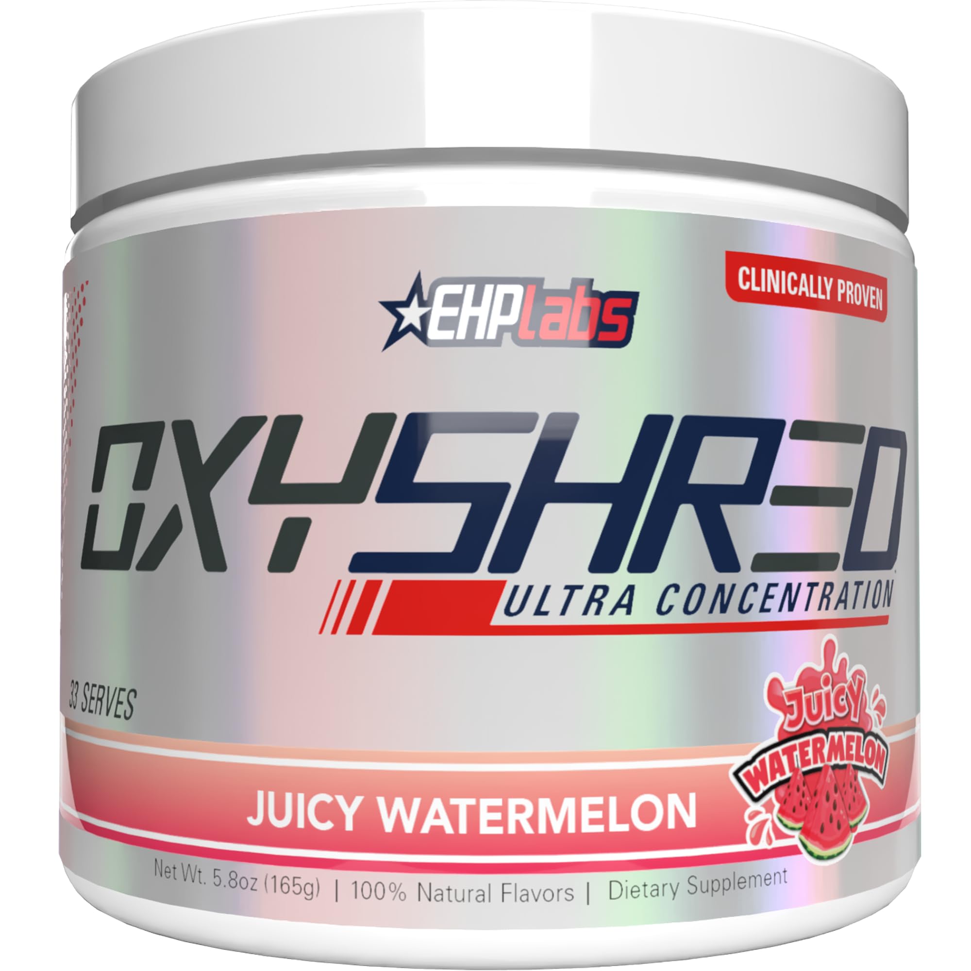 EHP Labs OxyShred frontal muestra el envase y su energía preentreno