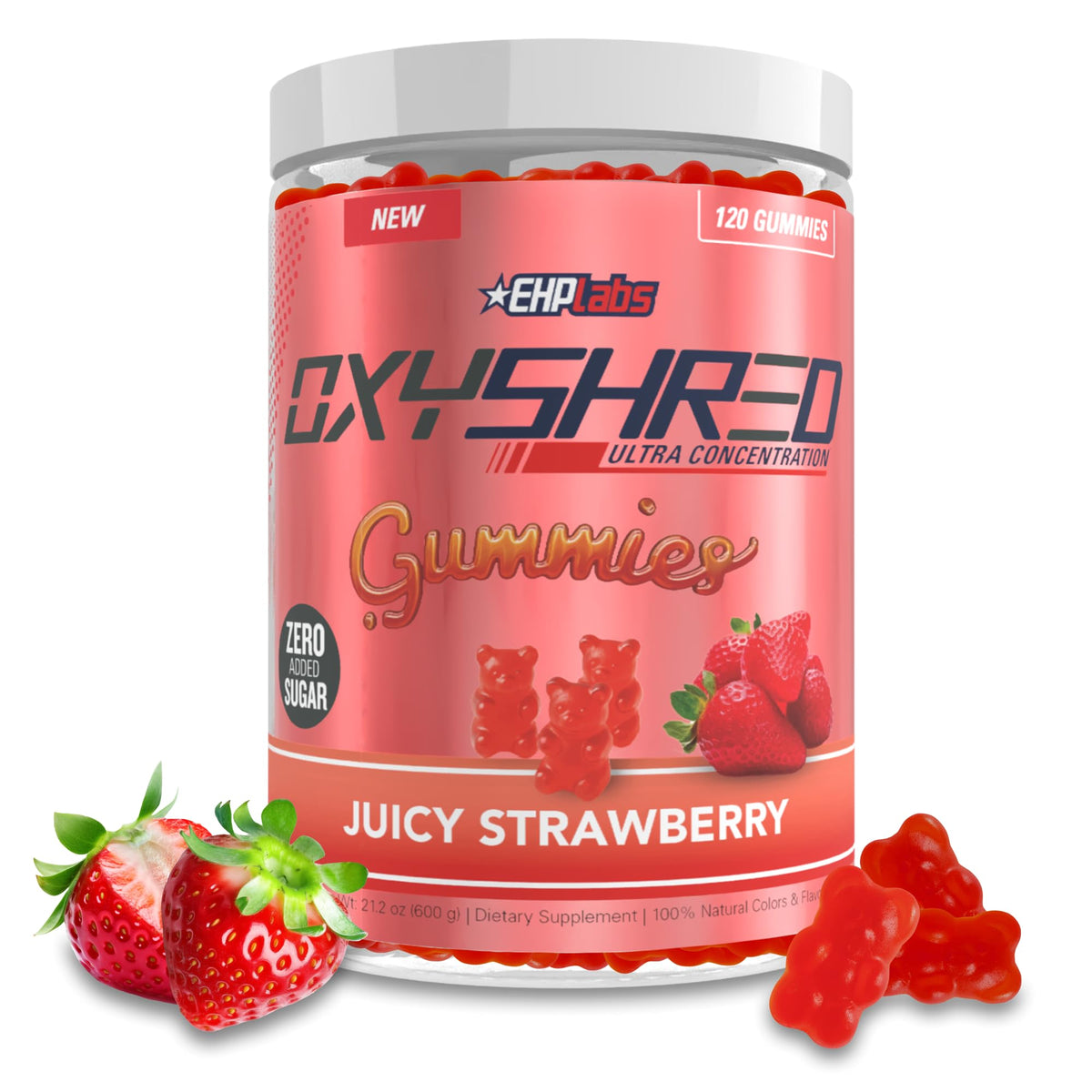 EHP Labs envase frontal de OxyShred Gummies mostrando fresa y beneficio energía