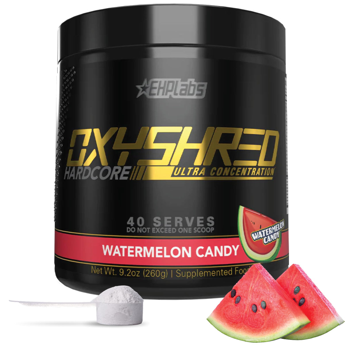 EHP Labs OxyShred Hardcore frente del envase mostrando 40 servicios y diseño llamativo