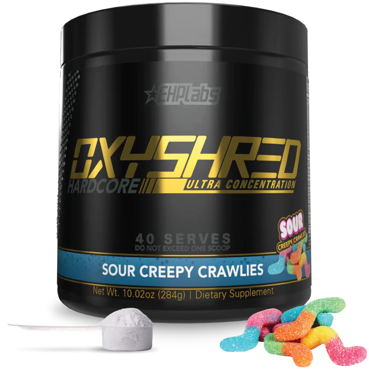 EHP Labs frasco OxyShred Hardcore frente, beneficio: energía intensa