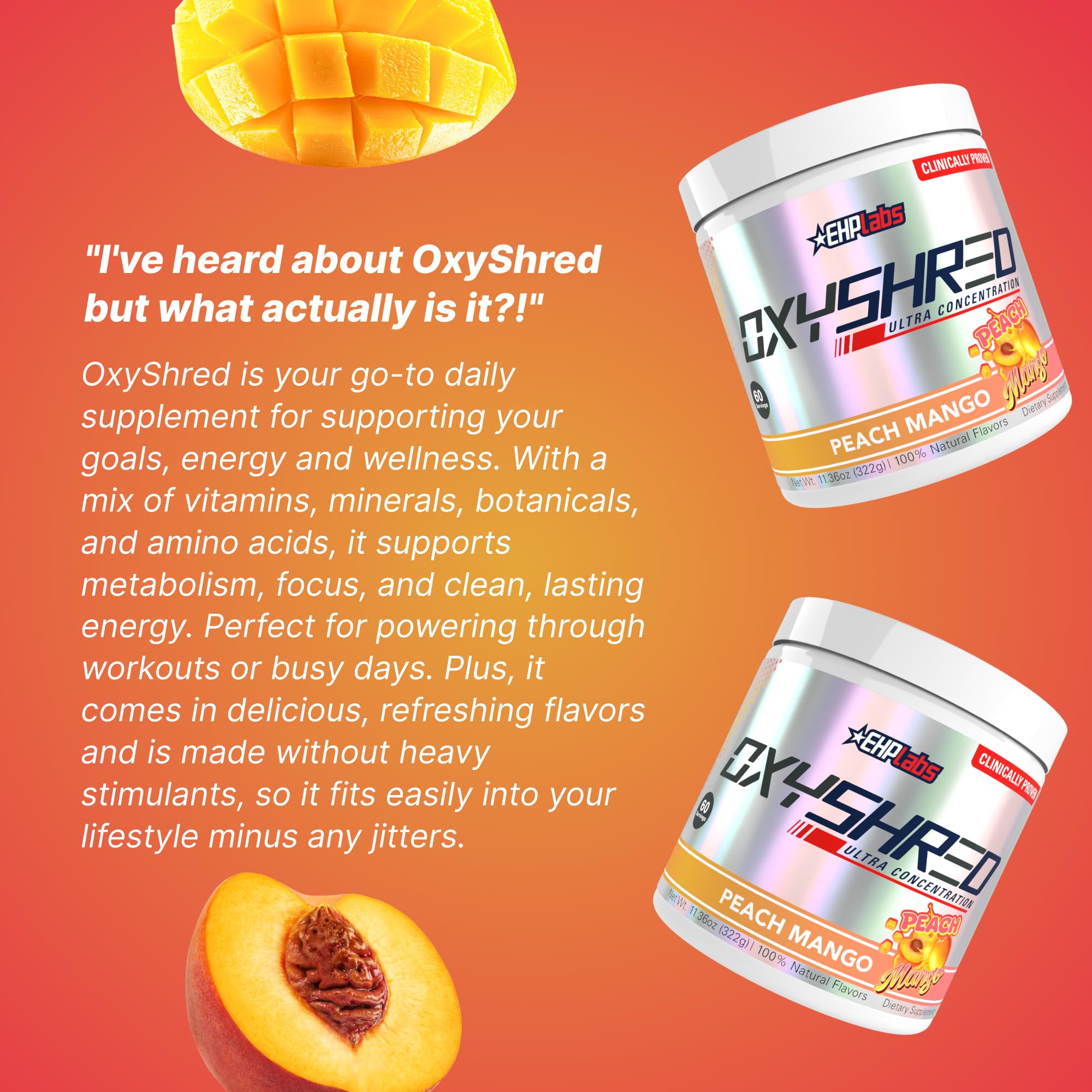 Ingredientes clave mostrados junto a OxyShred, transparencia y beneficios